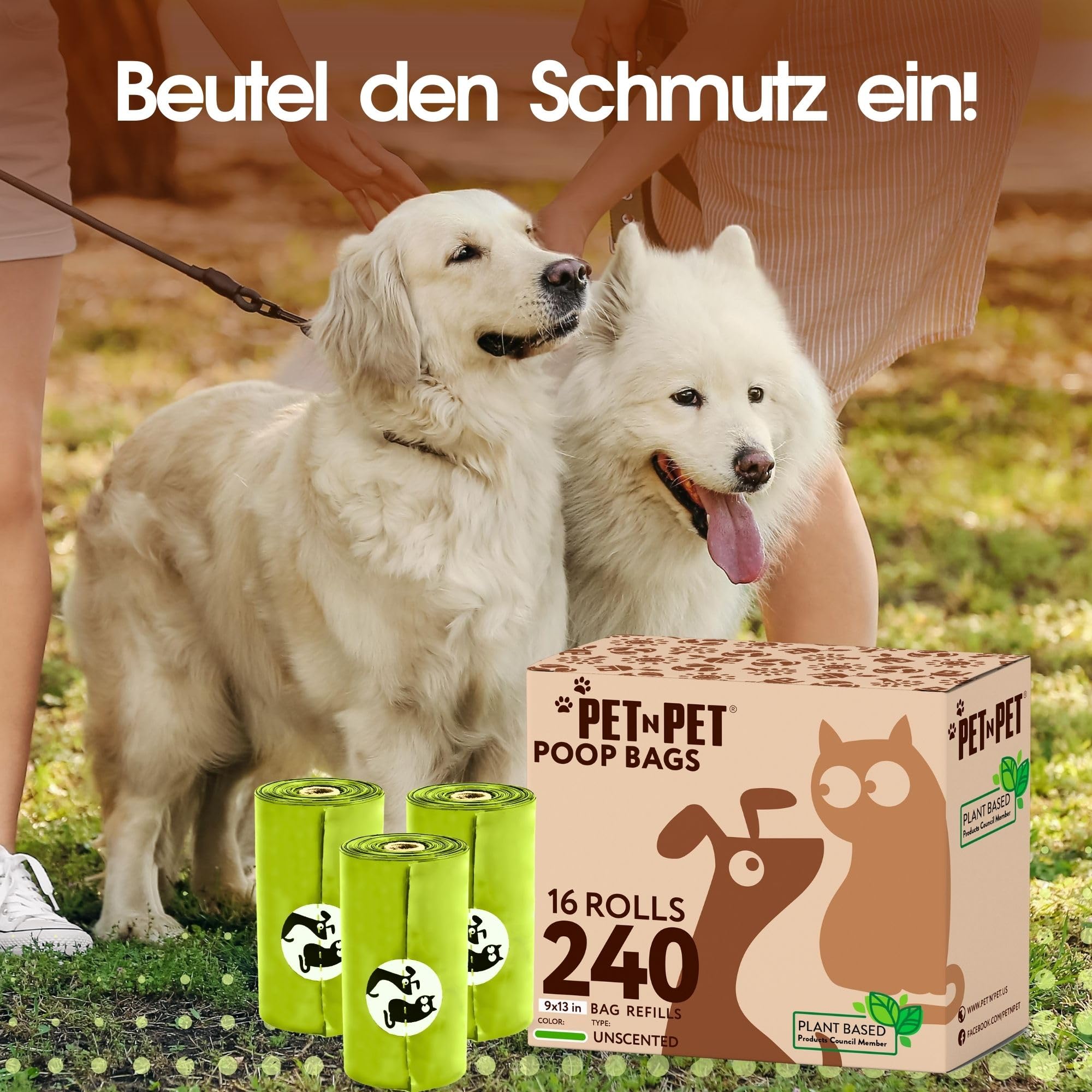 PET N PET Kompostierbare Hundekotbeutel, 240 Stück, 16 Rollen kotbeutel | 100% kompostierbar, Extra reißfest, Auslaufsicher, kotbeutel für hunde & Katzenstreubeutel, Auf Rollen