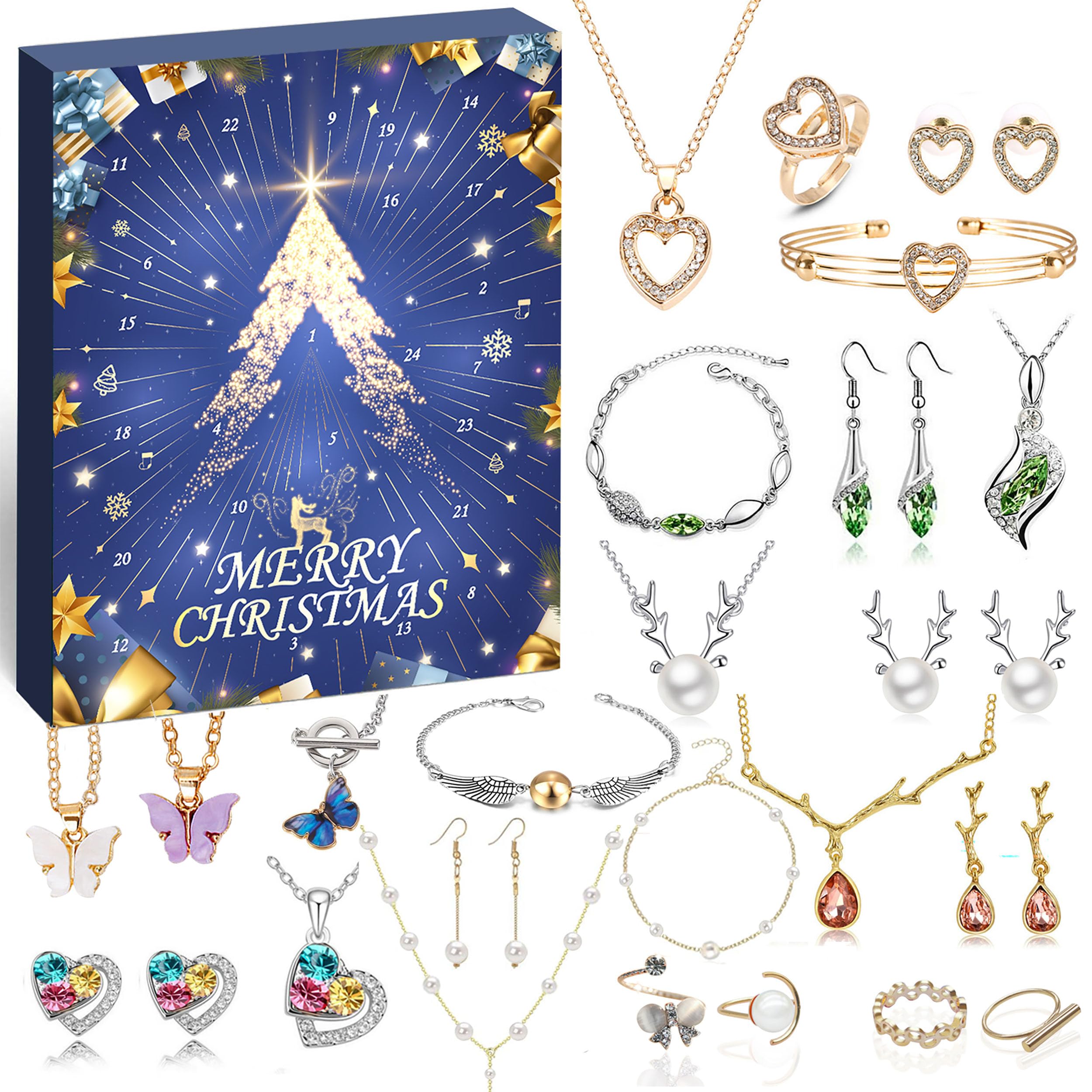 Hifot Calendrier de l'avent Bijoux, Calendrier de l'avent 2024 Femme Fille Enfant Bracelet Collier Bague Boucles d'oreilles 24 Surprises Cadeaux de Noël pour Épouse Mère Petite Amie Fille