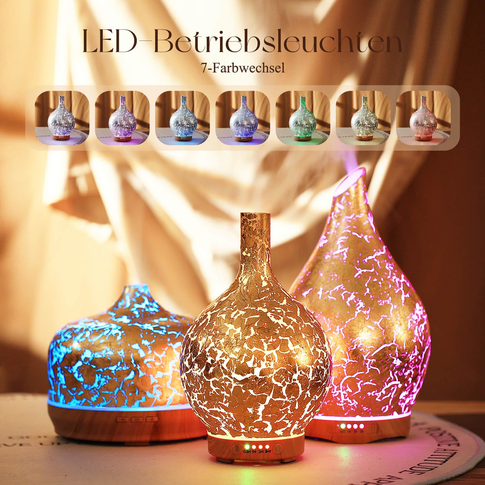 Porseme Aroma Diffuser 150 ml, handgeblazen glas diffuser voor etherische oliën, luchtbevochtiger ultrasoon geluid cool mist stil, 7 soorten led- lichtkleuren, auto power-off, BPA-vrij, voor woning met