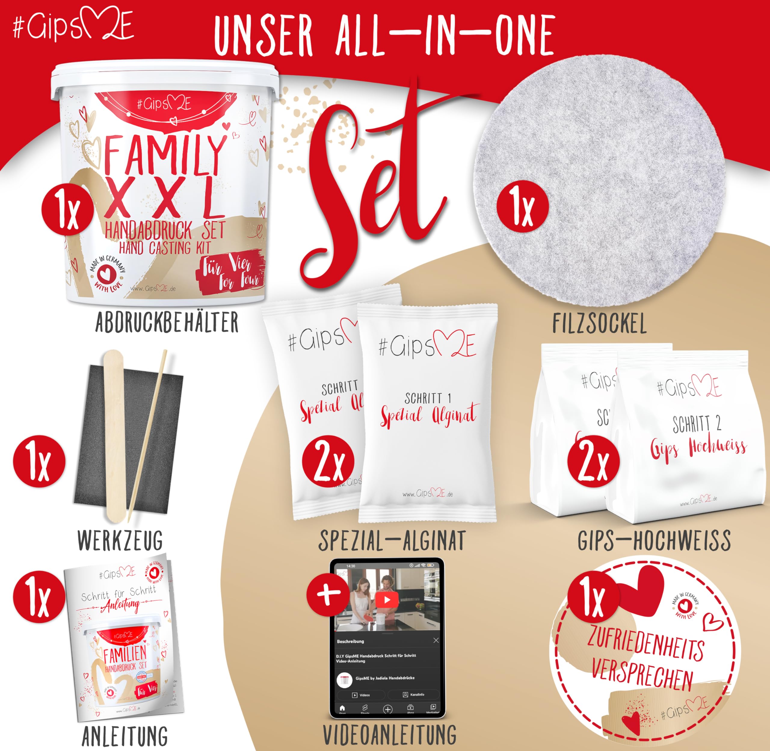 XXL 3D Handabdruck Set Familie Gipsabdruck für 4 Hände + Sockel Made in Germany - Premium Familien Gipsabdruck-Set - Personalisierte Geschenke - Handabdruckset + Video