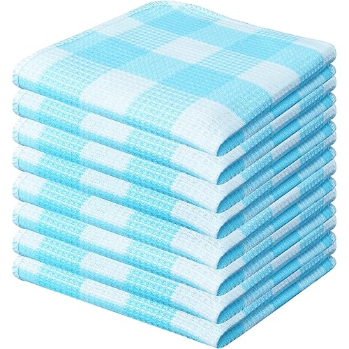 Waffle Weave Plaid Dish Cloths, 100% Cotton - 12 x 12 Inches, Ultra Soft Absorbent Quick Drying Dish Towels Buffalo Check Dish Rags for Kitchen, 8-Pack - Aqua Blue & White