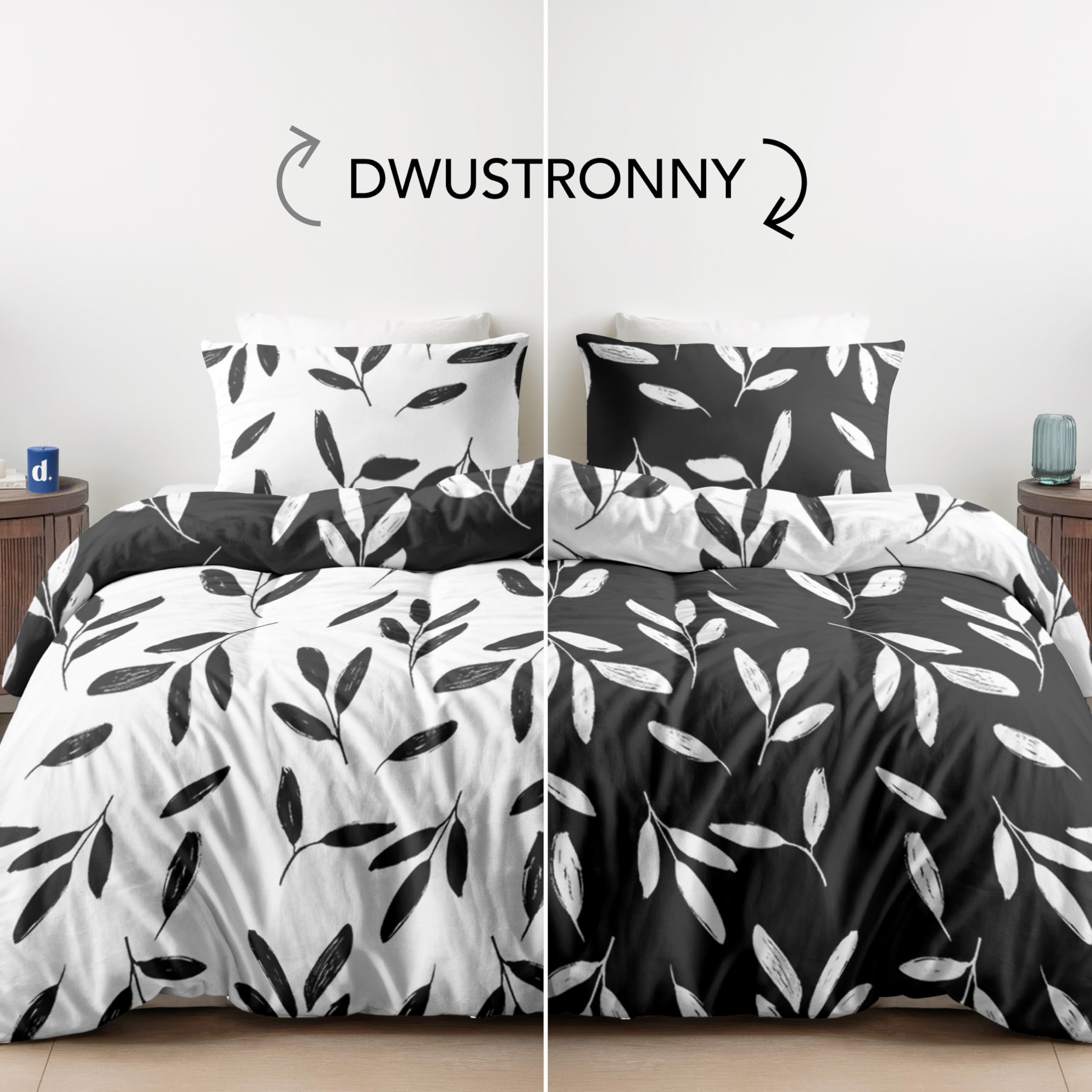 Poszwa na kołdrę Dreamzie 140x200 cm z 1 poszewką na poduszkę 65x65 cm, biały czarny kwiatowy wzór, zestaw pościeli 140x200 z zamkiem błyskawicznym, pościel pojedyncza, Oeko TEX