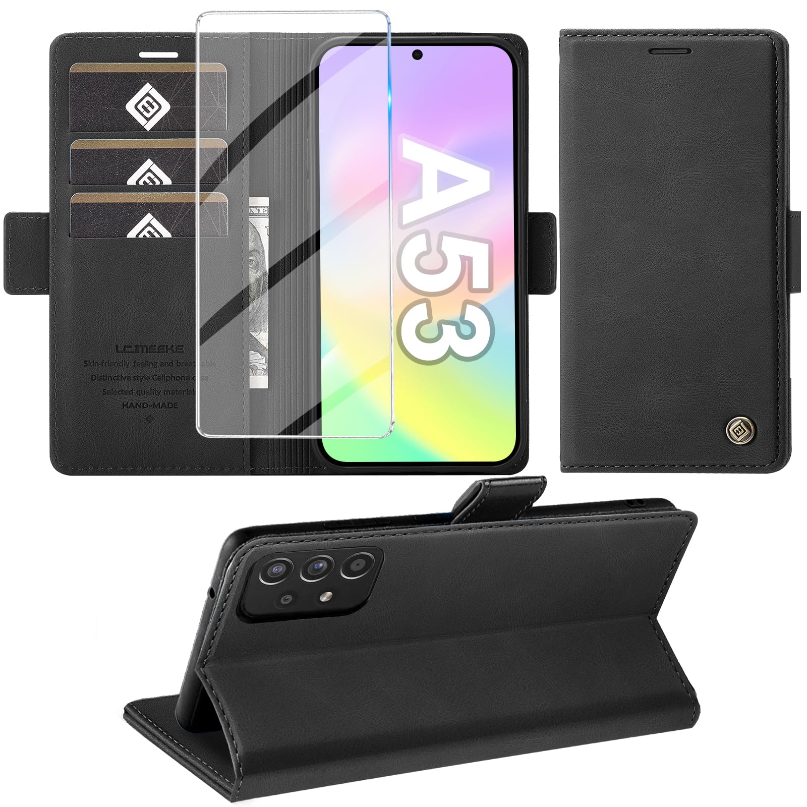 Giyer Handyhülle für Samsung Galaxy A50/A51/A52/A53/A54/A55/A56/A57 Hülle mit Schutzfolie, Standfunktion Kartenfach Wallet Premium