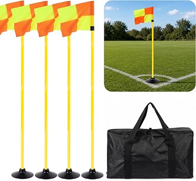 Soccer Corner Flags Set of 4 for Soccer Field, 5FT Agility Training Poles with Corner Flags, Portable Speed and Agility Training Equipment for Sports PracticeIncluding Rubber Base and Storage Bag