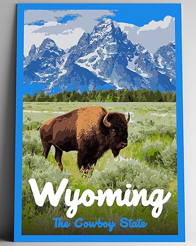 GO SEE DESIGN Wyoming The Cowboy State Vintage-Style Travel Poster - 8x10-12x18-18x24-24x36  4x6 Postcard WPA Style Art Print Our Fifty States Retro