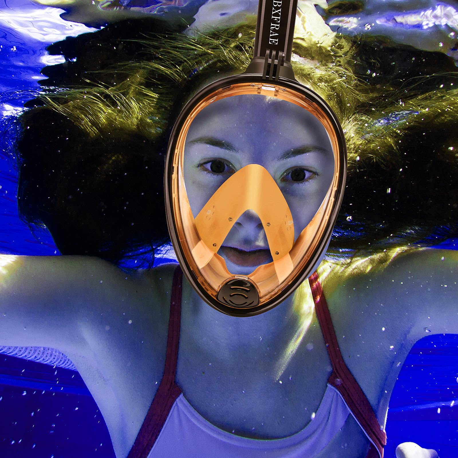 Full Face Snorkel Mask, Snorkeling Mask with Detachable Camera Mount, 180 Panoramic Anti-Fog Anti-Leak Diving Mask for Adult and Kids (Large/ X-Large, Black Orange)