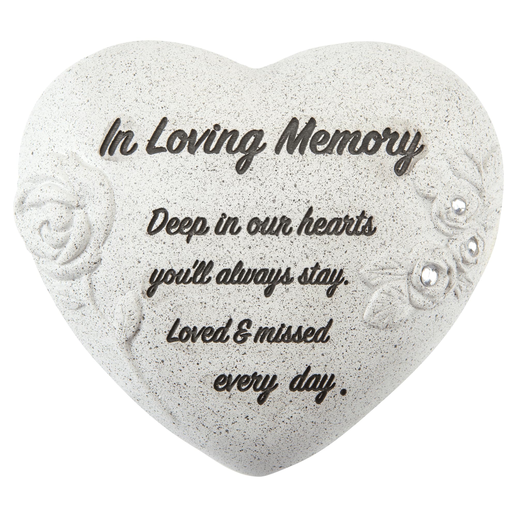 PMS In Loving Memory Memorial Heart Ornament – Grey Rose Graveside Memorial Stone with Diamantes – Sympathy Tribute Keepsake for Loved Ones – 16 x 14 cm