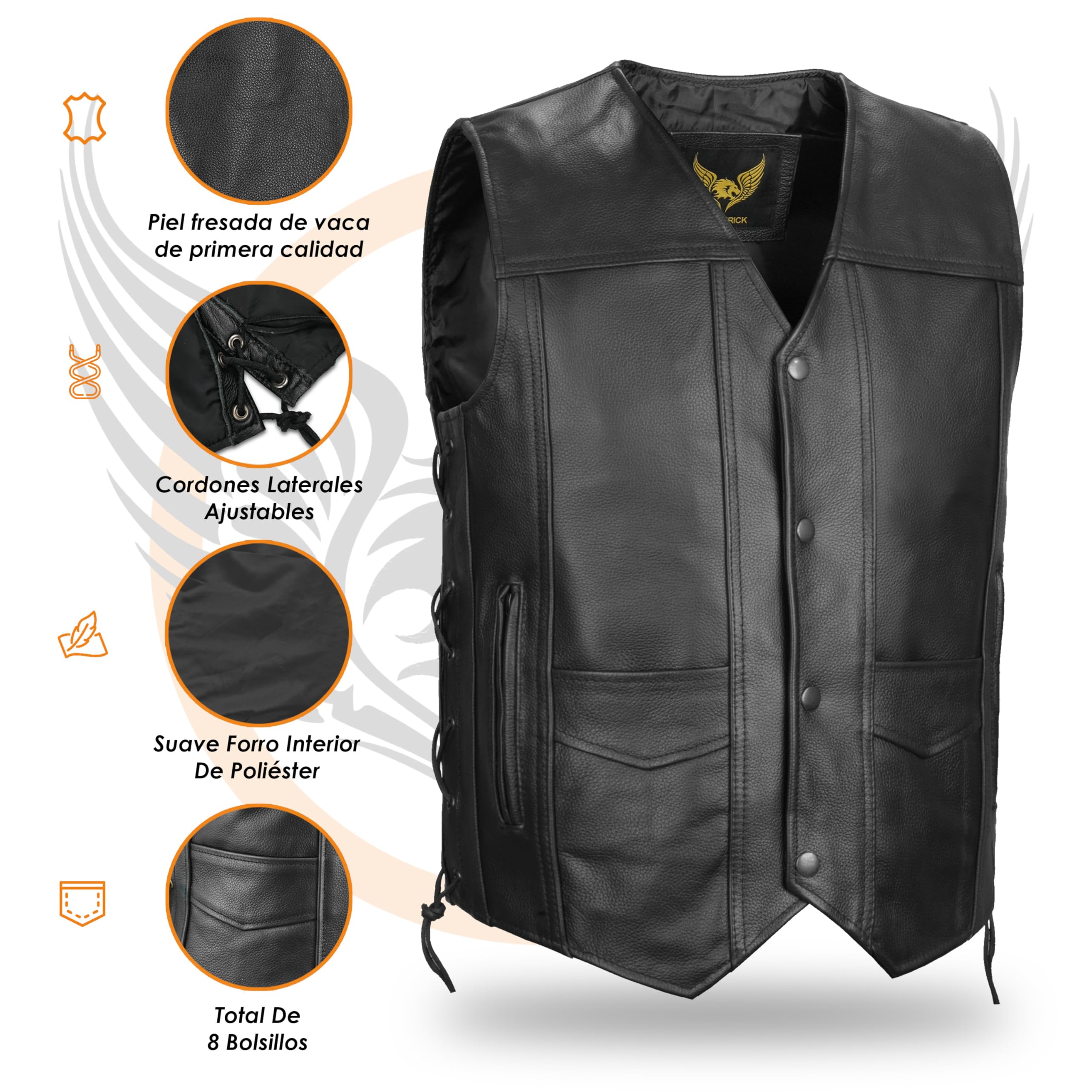 Leatherick Top-Grain Cowhide Real Chaleco Cuero Hombre Chaleco Clásico Negro Con Cordones Laterales y Bolsillos De Transporte Ocultos