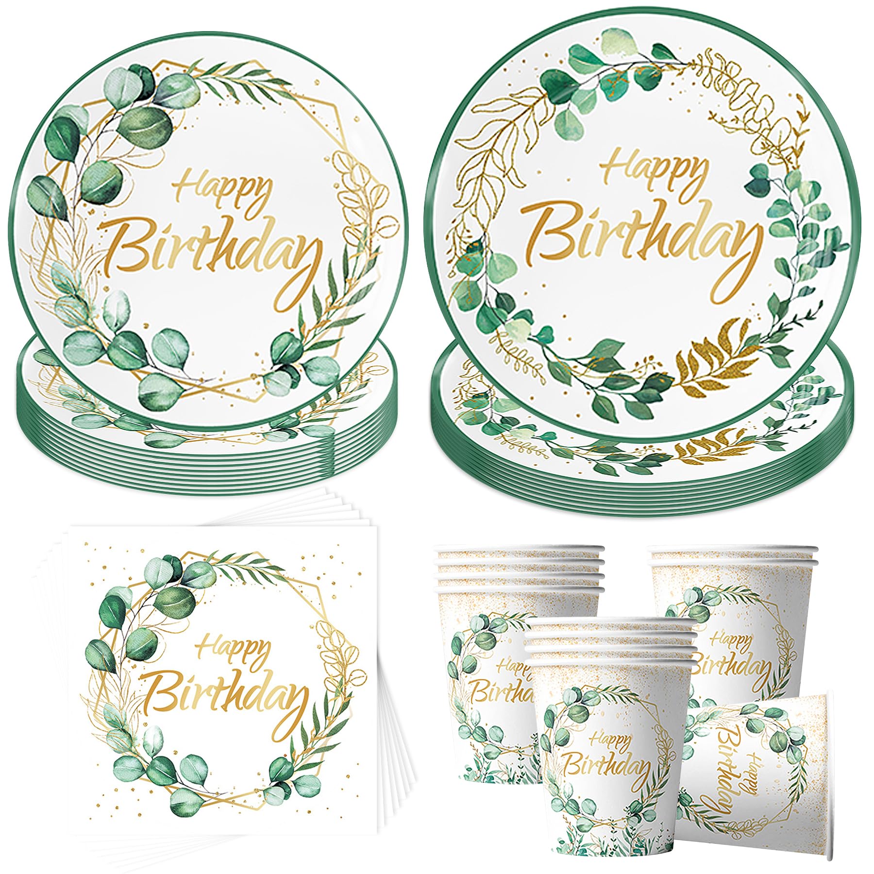 Eukalyptus Grün Geburtstag,50 Stück Eukalyptus Grün Partygeschirr Set,Eukalyptusblatt Partyteller Geburtstag Geschirr,Kindergeburtstag Geschirr Set,für Geburtstagsdeko,Party Deko
