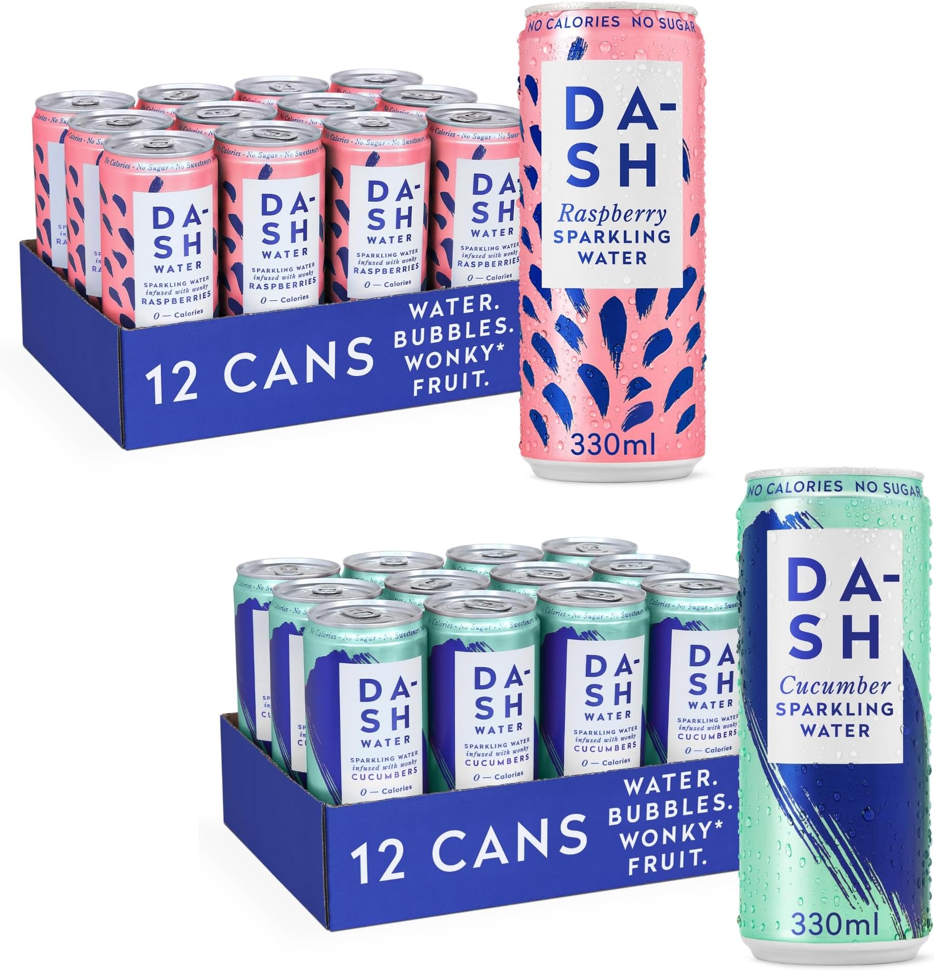 Dash Water Raspberry & Cucumber - 24 x Flavoured Sparkling Spring Water NO Sugar, NO Sweetener, NO Calories - Infused with Wonky Fruit (12 Raspberry & 12 Lemon x 330ml cans)