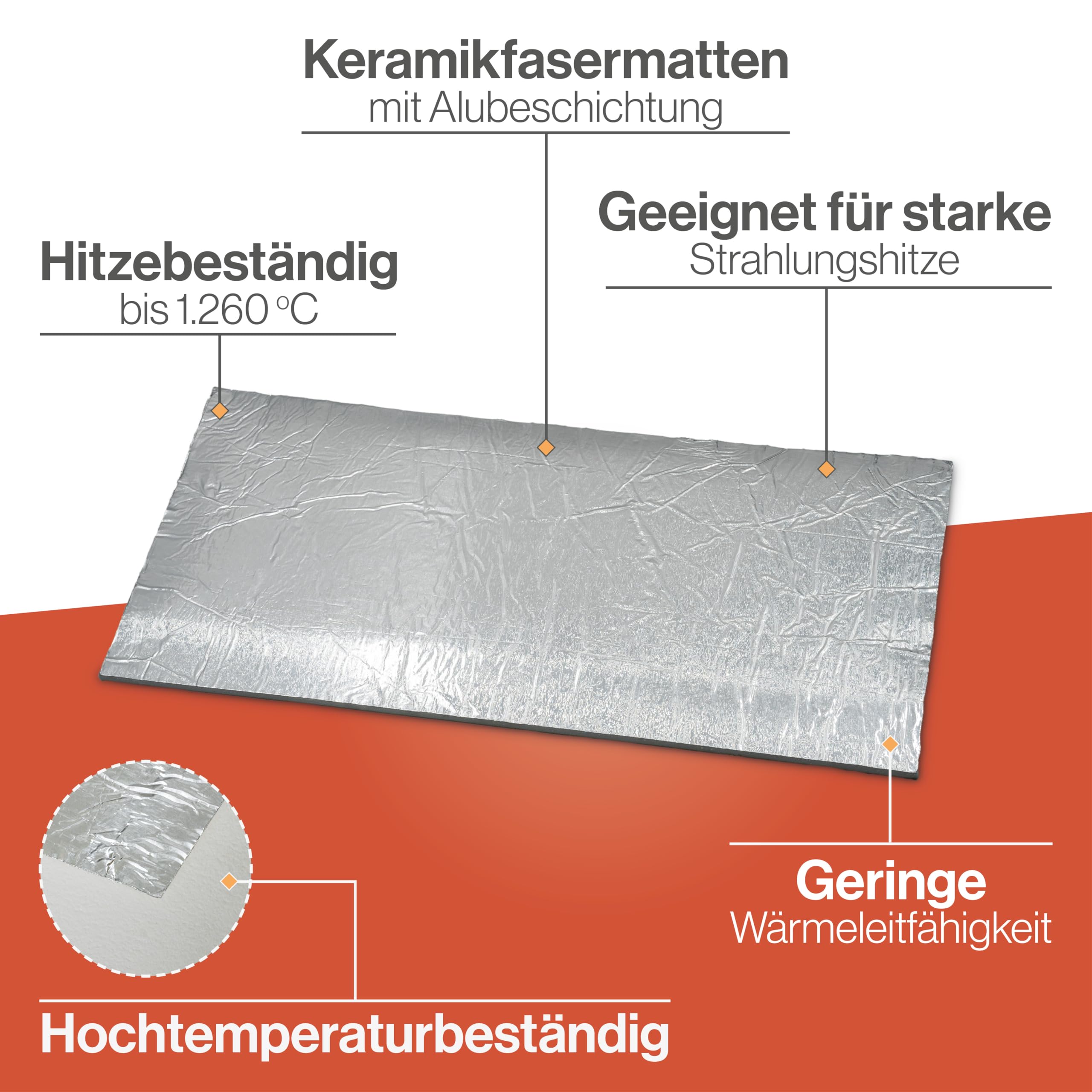 Feuerfest 123 - Keramikfasermatte Aluminium 600x250x5 mm, Aluminiumsilikat, hitzebeständig bis 1.260 °C, Material Dichte 200 KG/m³, Isolierung für Kamine und Öfen