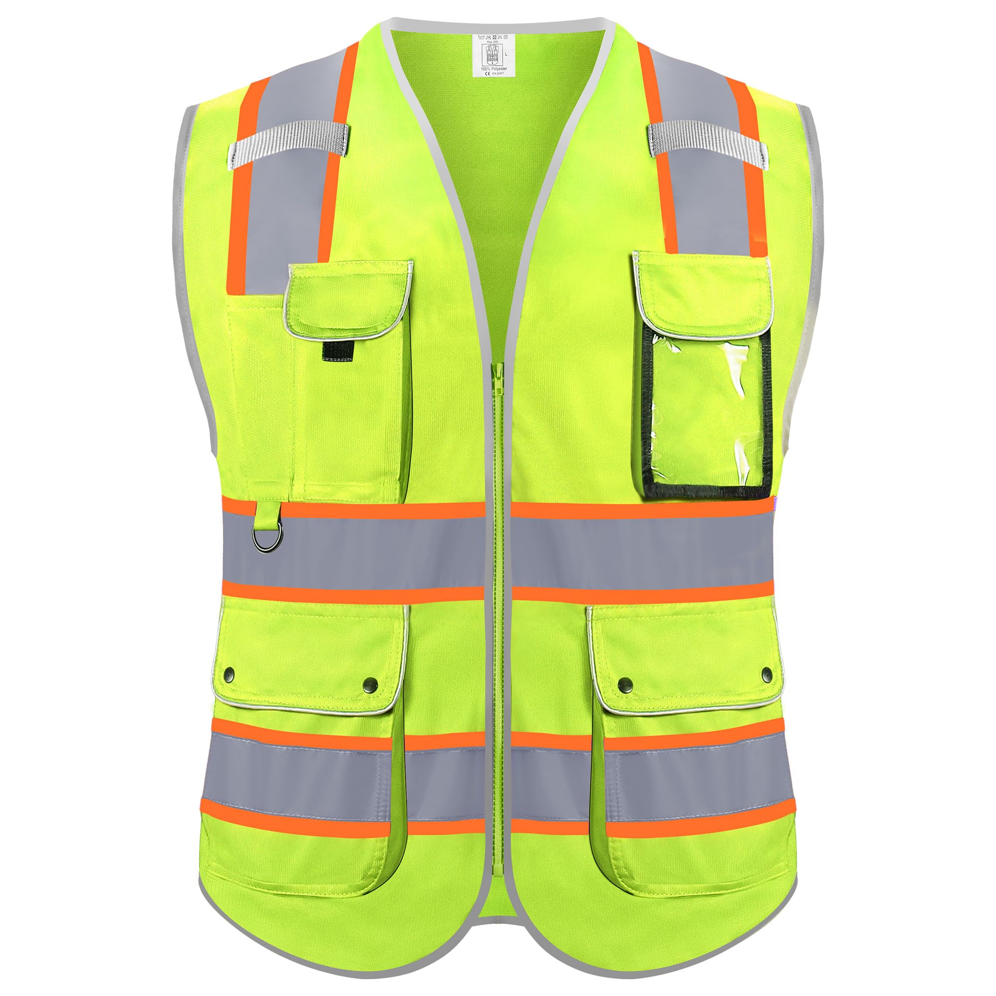 Rhino Hit Reflective Safety Vest for Men Women, High Visibility Safety Vest with 8 Pockets Zipper Front, Meets ANSI Standards