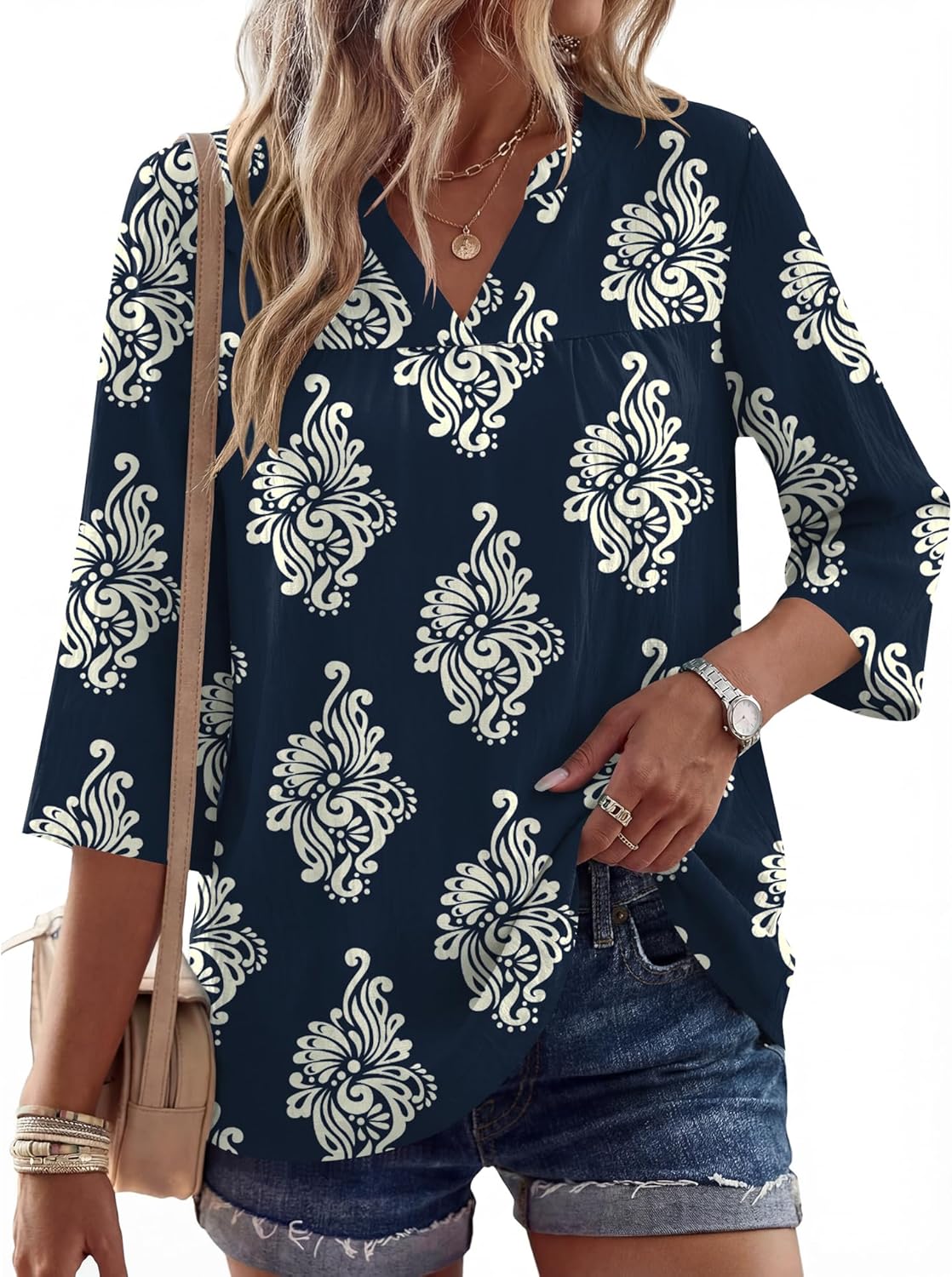 Rapbin Womens 3/4 Sleeve V Neck Floral Print Pleated Blouses for Women Dressy Casual Loose Fit Tops