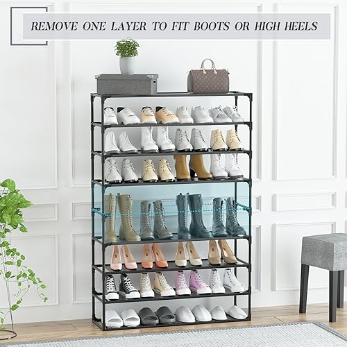 Miniatura 3 de TY ARTS & CULTURE Organizador de zapatos de 9 niveles, tubos de metal resistentes y tela no tejida duradera, estante alto que ahorra espacio con