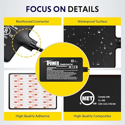 Vista 3 de iPower Almohadilla térmica para reptiles de 4 x 7 pulgadas con termostato ajustable, calentador debajo del tanque, tapete térmico para tortugas