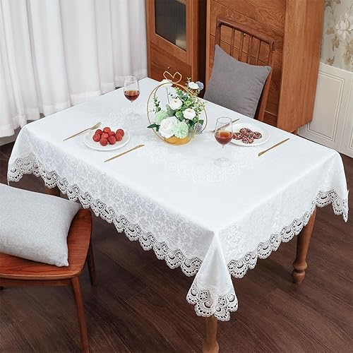 Miniatura 7 de Mantel de encaje blanco, estilo rústico de granja, elegantes manteles bordados para mesa rectangular, mantel de encaje vintage con hojas de tejido