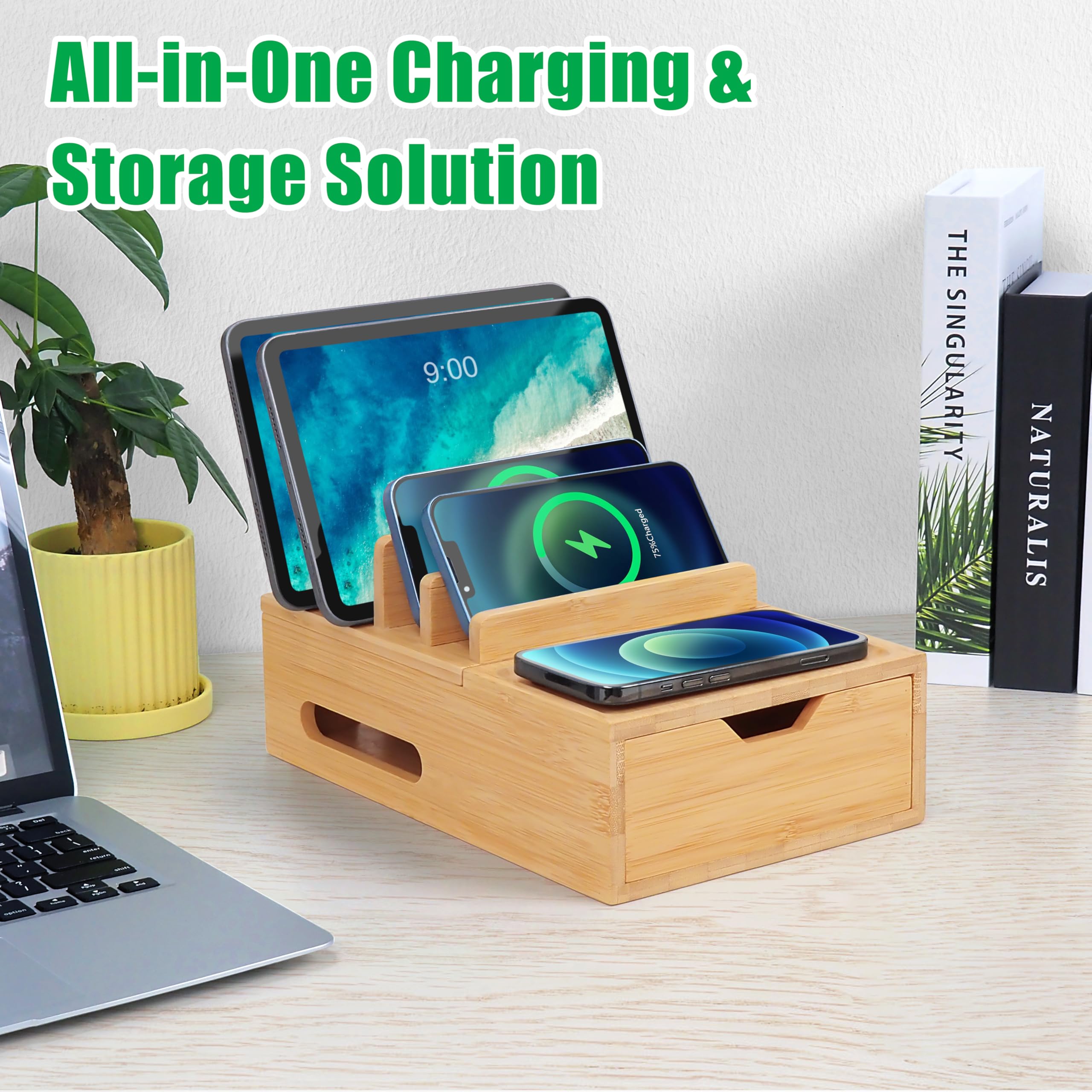 Bambus-Ladestation für mehrere Geräte, Schreibtisch-Lade-Organizer mit Schublade und Ablage, Holz-Dockingstation inklusive 6 Kabeln, kompatibel mit iPhone-Geräten, Handy, Tablet (kein USB-Ladegerät)