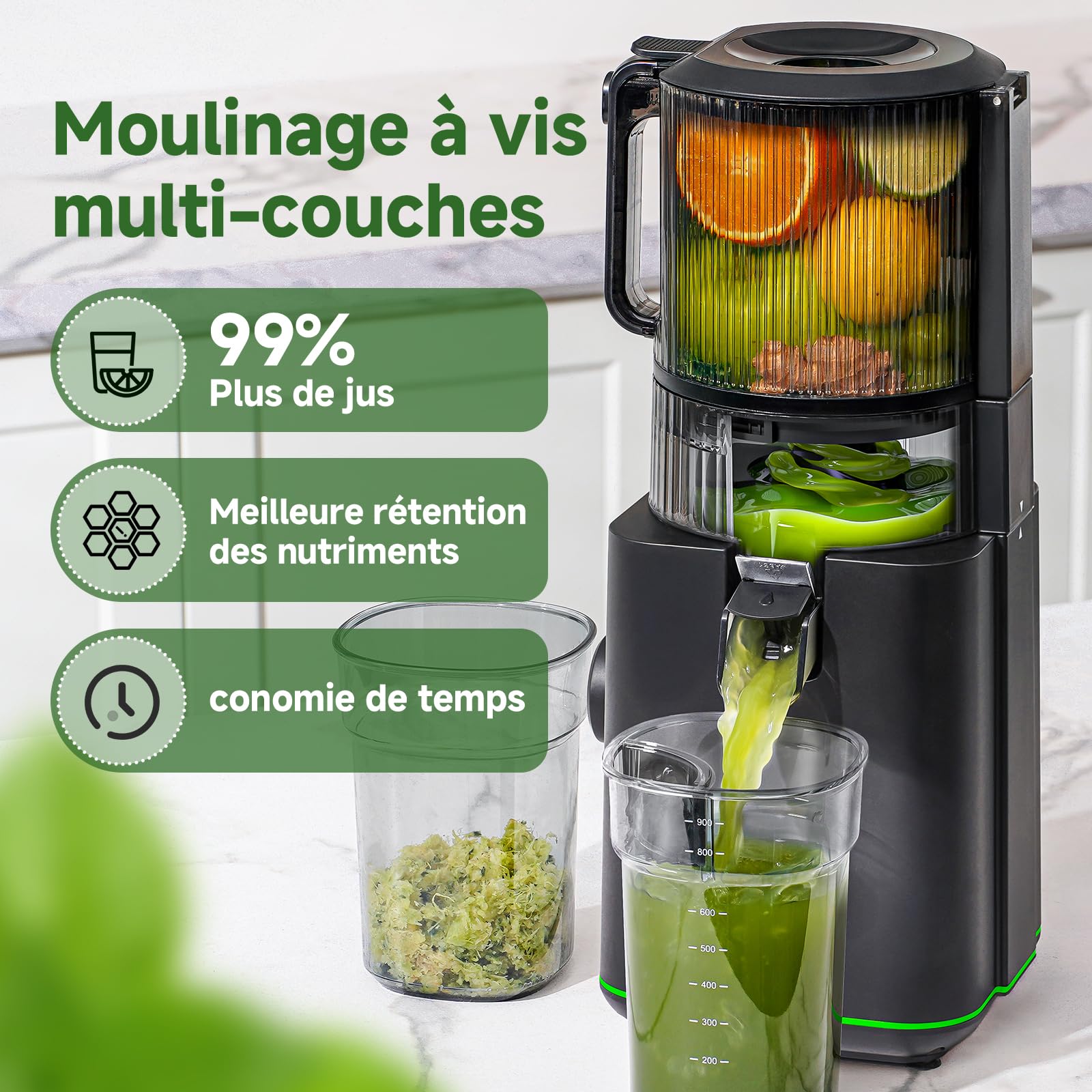 AMZCHEF Extracteur de Jus de Fruits et Légumes, Bocca 155mm, 2,5L, 2 Filtres, Pression Automatique