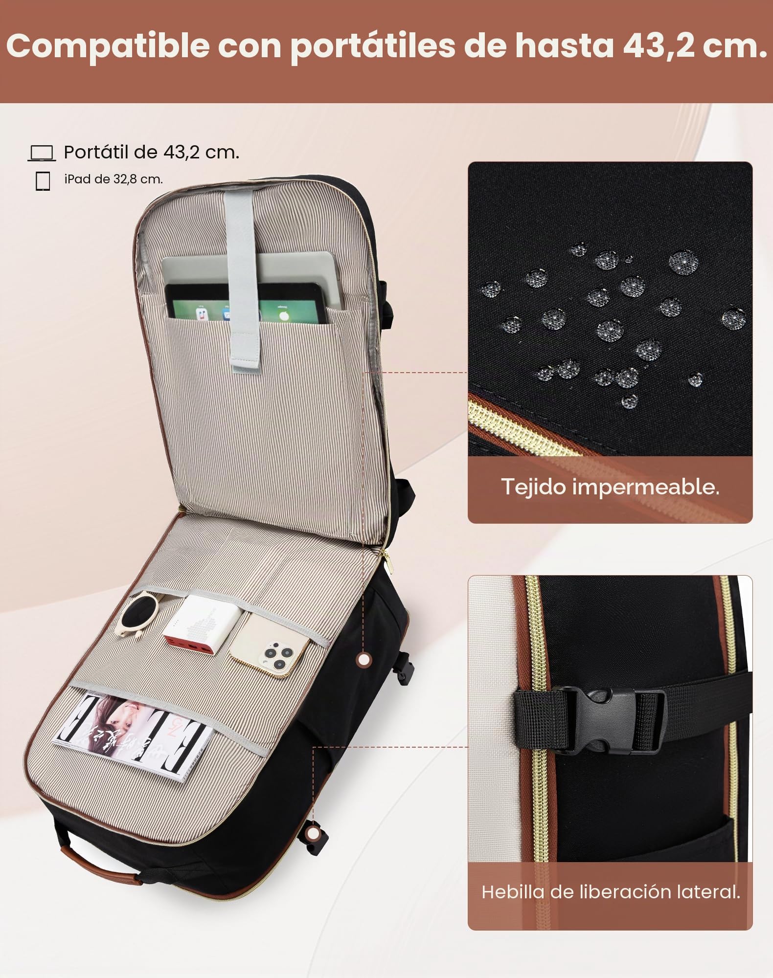 LOVEVOOK Mochila de equipaje de mano, mochila de viaje para mujer, grande | 50 L, mochila para mujer y hombre, impermeable, mochila para portátil de 18" con compartimento para portátil, mochila