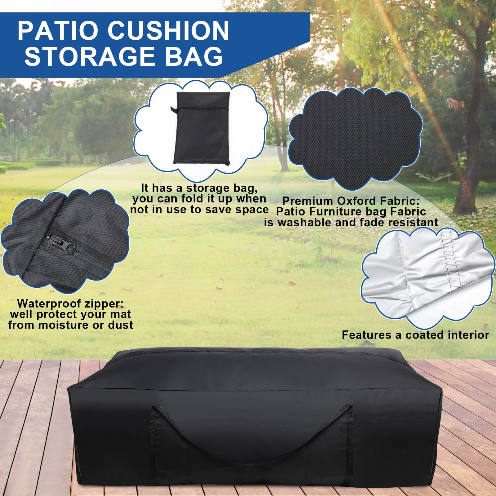Silkfly Aufbewahrungstaschen für Terrassenkissen, 152,4 cm L x 50,8 cm B x 71,1 cm H, Outdoor-Kissen-Aufbewahrungstasche, extra große Aufbewahrungstasche für Möbelkissen, Schwarz, 420D Oxford-Gewebe,