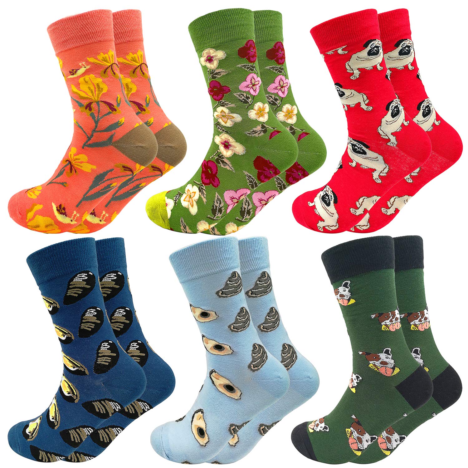Fun Colorful Socks Combed Cotton Stockings Mid Calf Art Patterned Funky Happy Sock Packs, 6 Pairs 602n, One Size