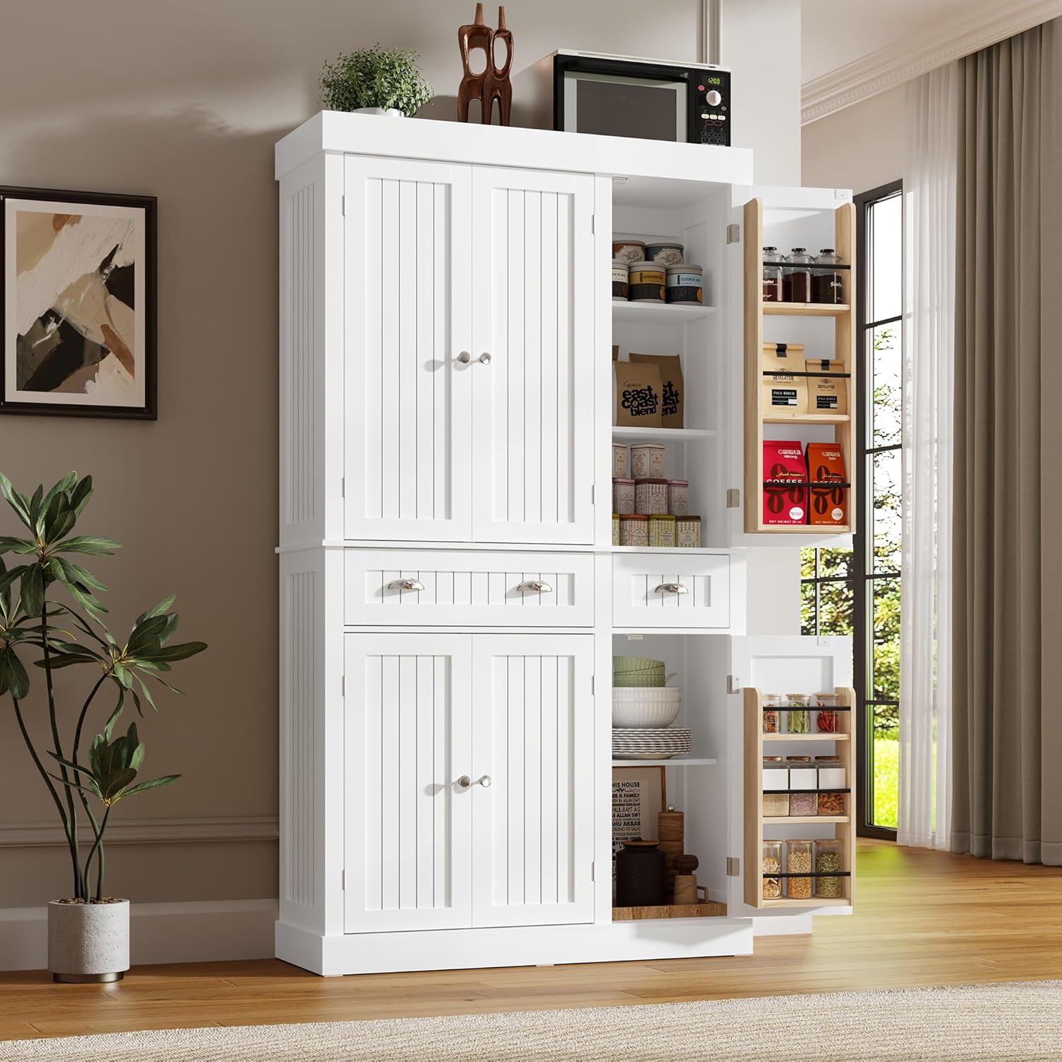 71" Tall Kitchen Cabinet Pantry Storage,Modern Kitchen Hutch Cabinet with Doors and Adjustable Shelves,Large Freestanding Food Pantry with 2 Drawer for Dining Room, Living Room, Hallway,White