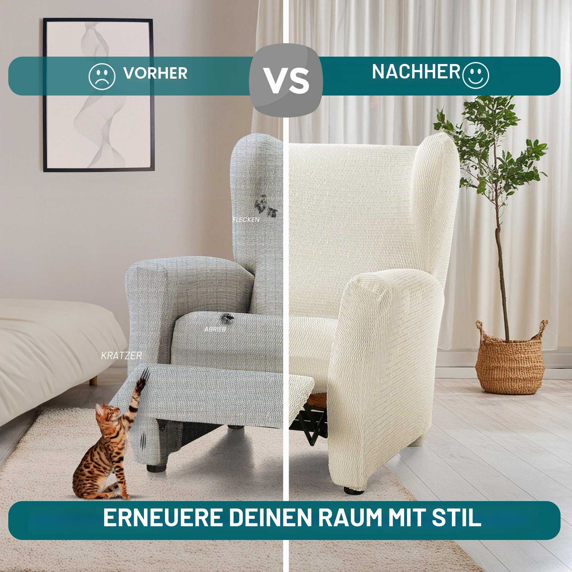 ECOMMERC3 Elastischer und extra weicher Bezug für Relaxsessel, elfenbeinfarben, verstellbar, 100% Made in Spain, Elfenbein