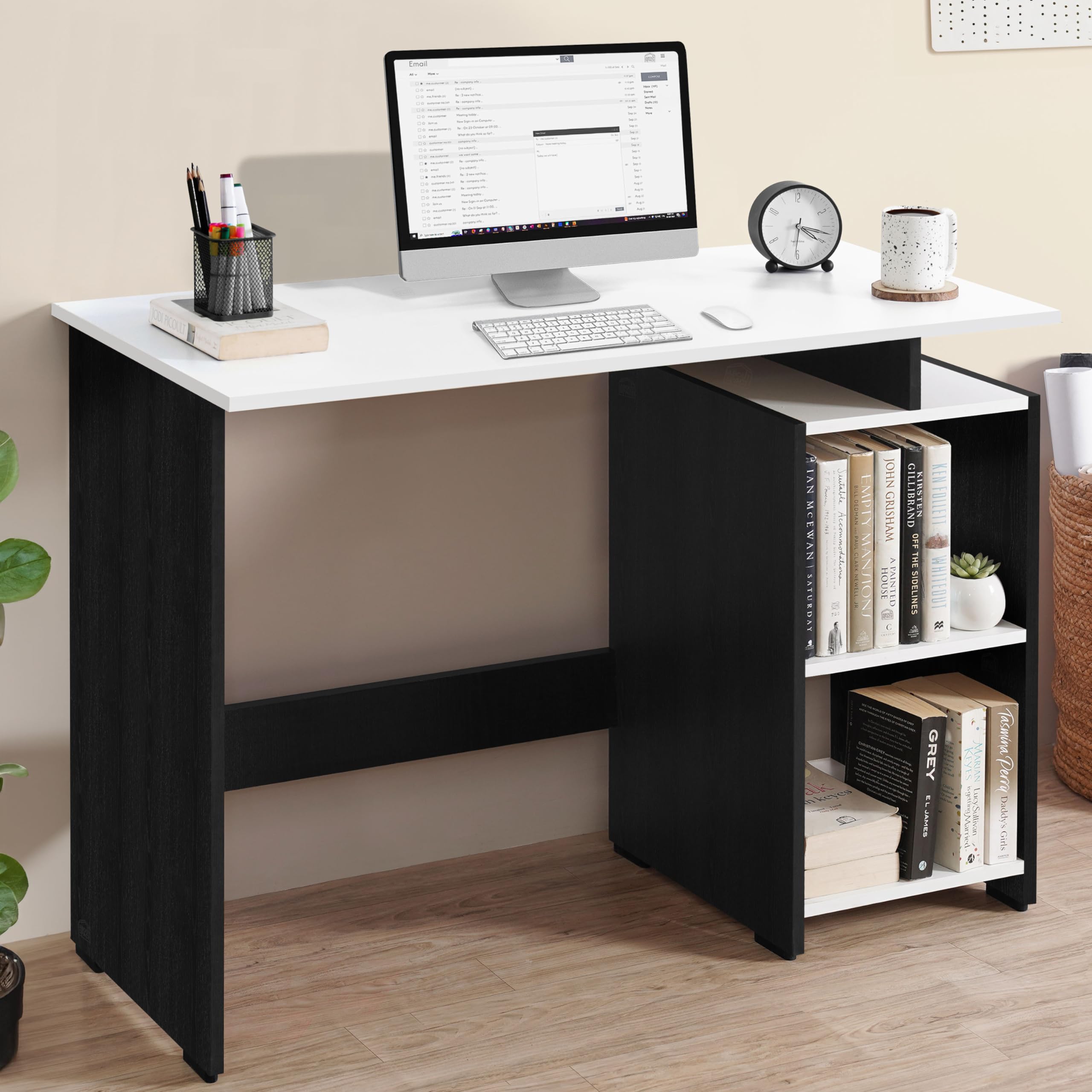 ABOUT SPACE Study Table with 2 Tier Bottom Storage - Office Desk -Computer Table for Laptop, PC-Engineering Wood Working, Drawing, Office Table for Home (Black Mahogany & White-L 100 x B 50 x H 75 cm)