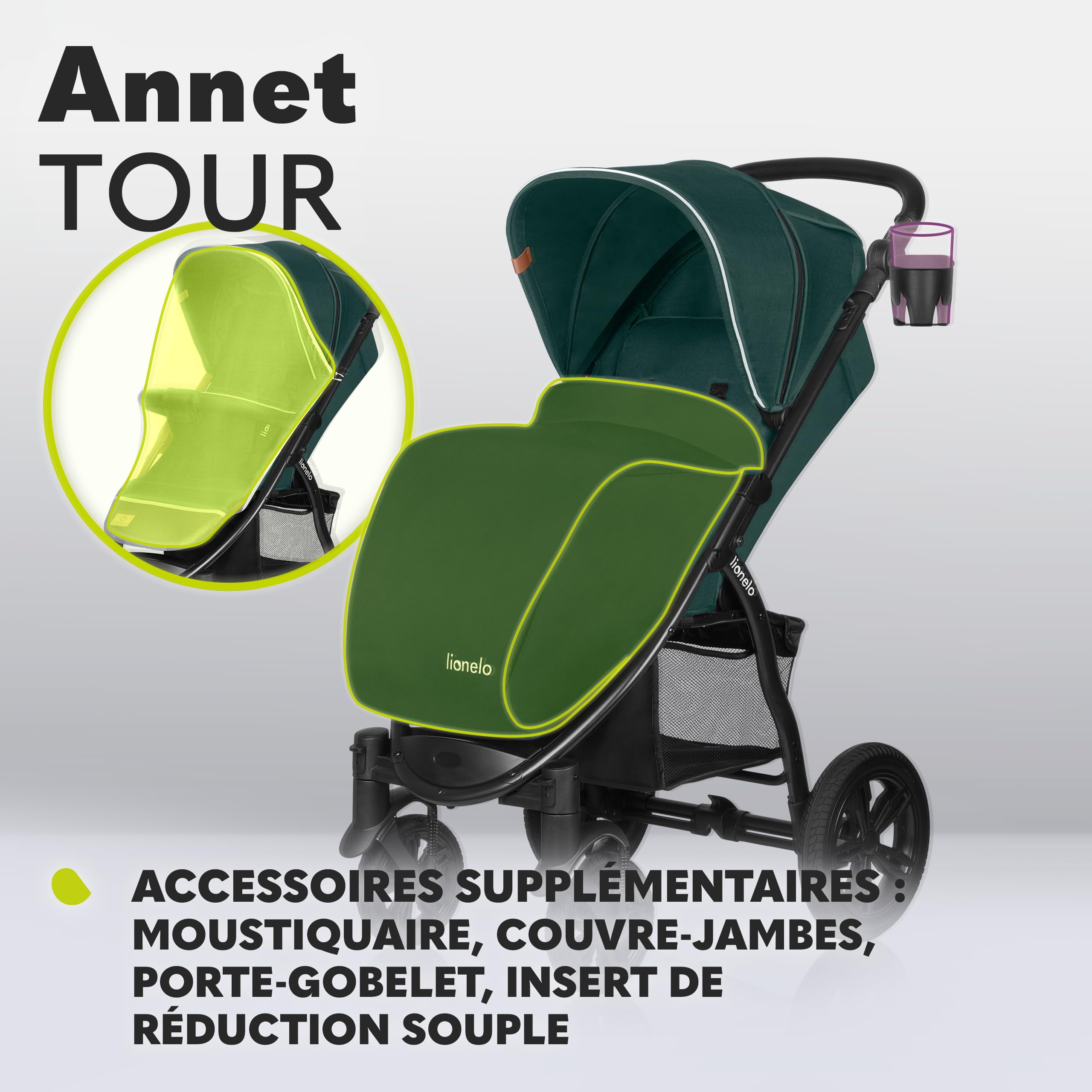 LIONELO Annet Tour poussette canne universelle jusqu'à 22 kg, réglage du dossier jusqu’à la position allongée, roues sans entretien, auvent imperméable XXL, ceintures à 5 points (vert)