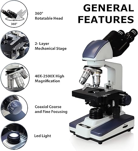 Miniatura 2 de Vision Scientific Microscopio compuesto binocular Siedentopf VS-60B-RC, aumento 40X-2500X, oculares de campo ancho 10X y 25X, etapa mecánica de