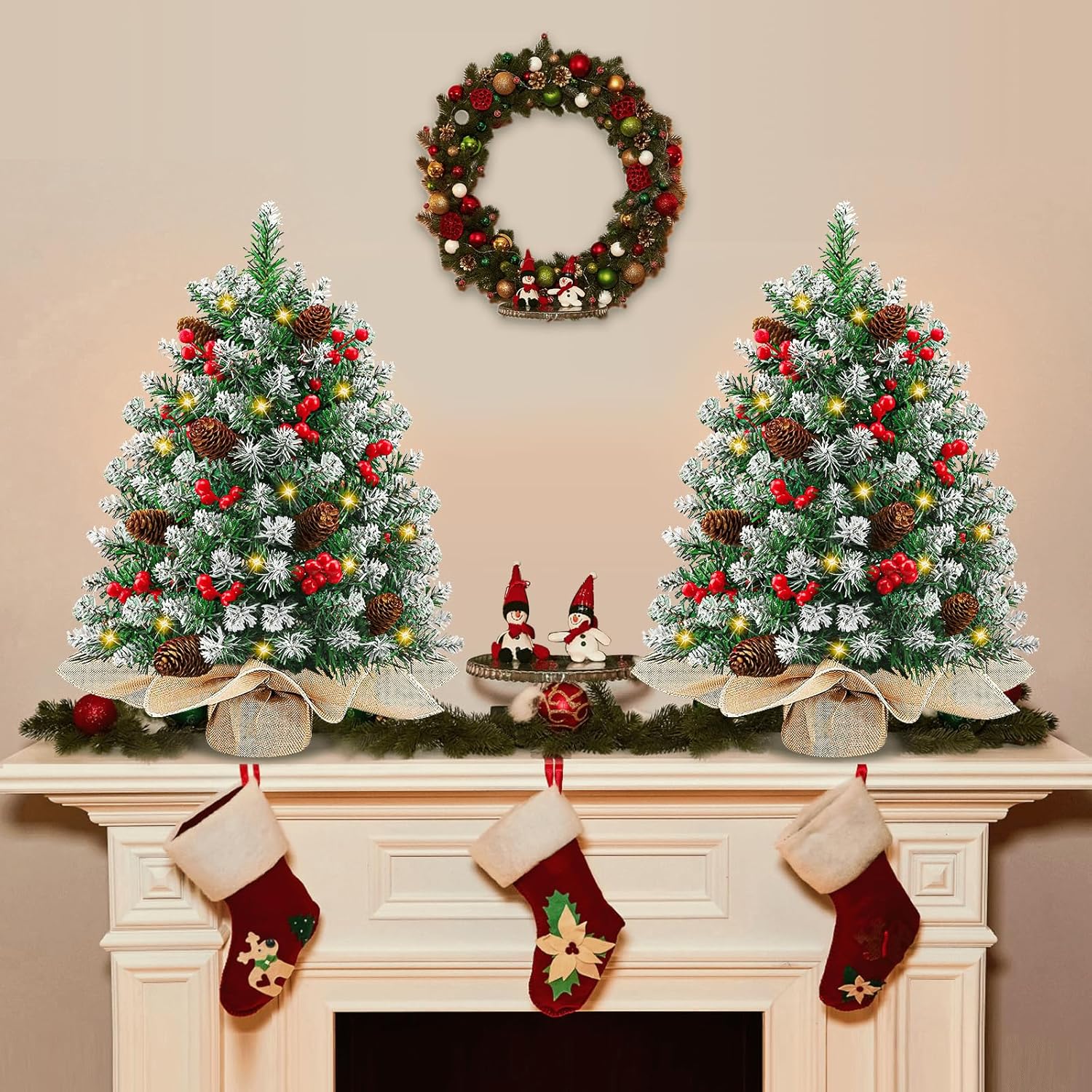2 Pack 24 Inch Snow Flocked Christmas Tree Decor with 50 Warm Lights Timer Battery Operated Red Berries Pine Cones for Tabletop Christmas Decorations Home Indoor