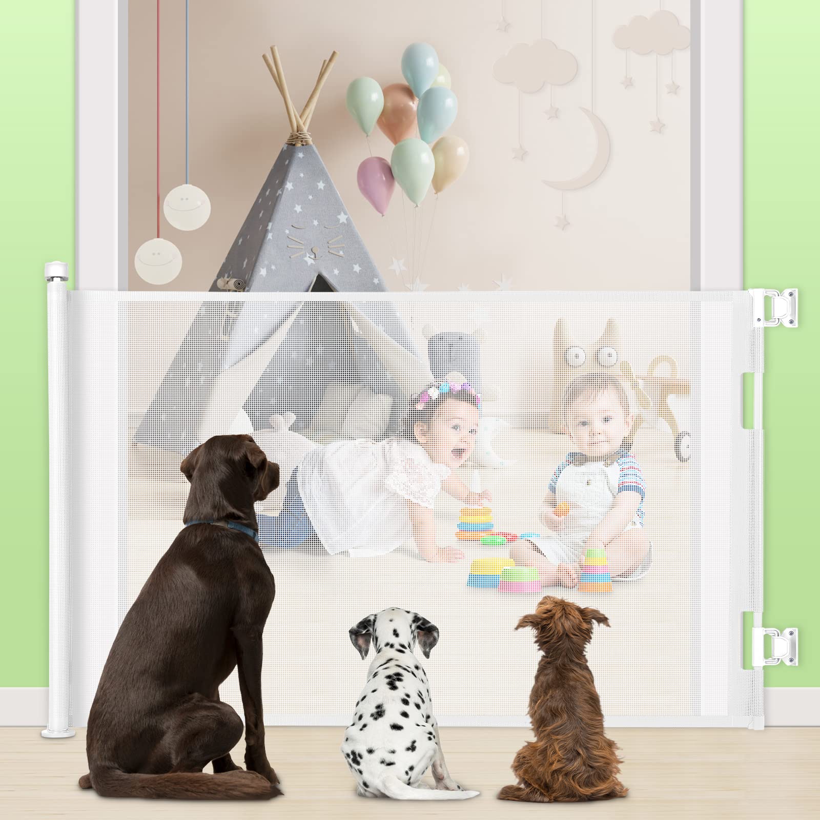 Retractable Baby Gate, Extra Wide Safety Kids or Pets Gate, 33?Ç¥ Tall, Extends to 71?Ç¥ Wide, Mesh Safety Dog Gate for Stairs, Indoor, Outdoor, Doorways, Hallways (33x71'')