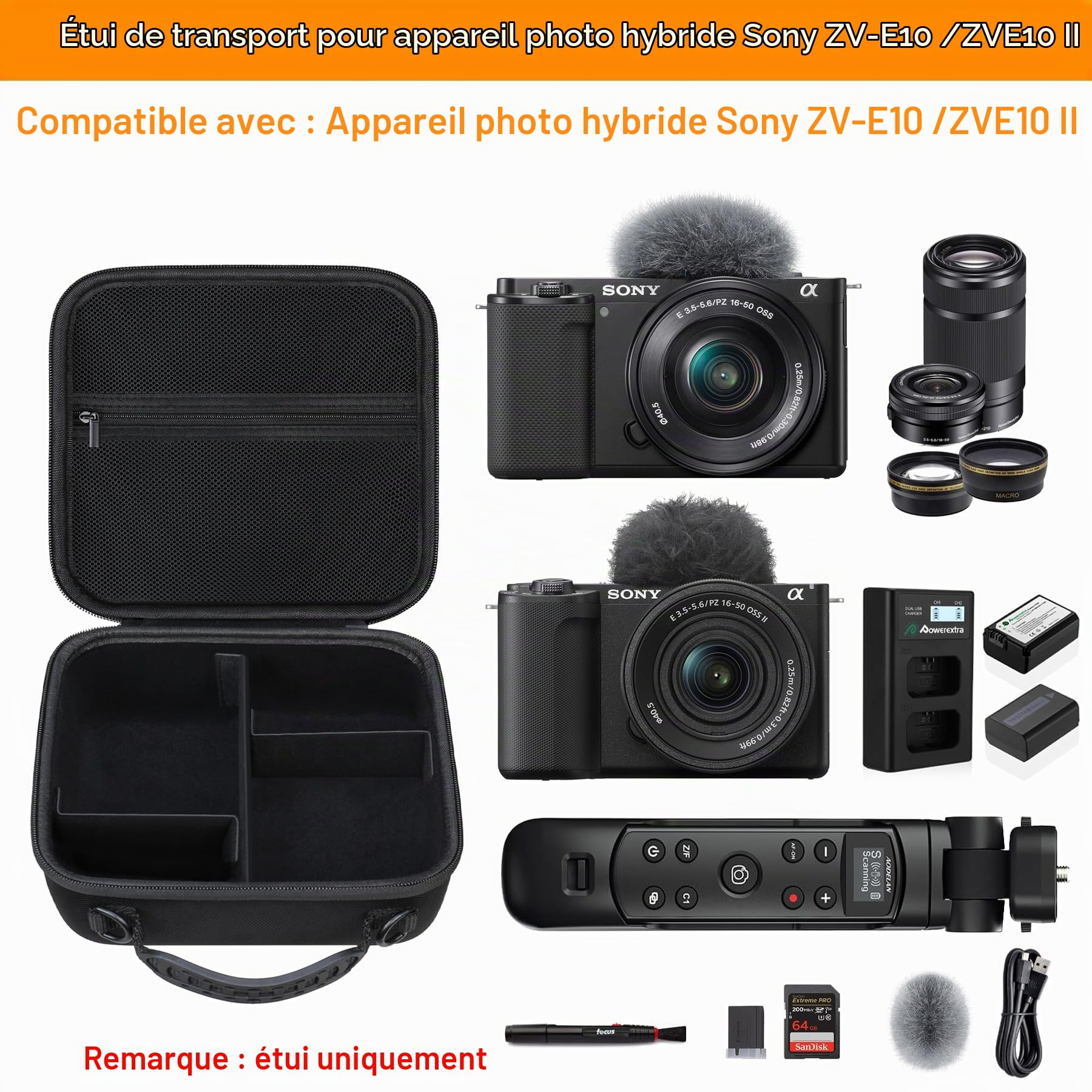 Elonbo Sacoche de Transport pour Appareil Photo Hybride Sony ZV-E10 / ZVE10 II, Sac de Voyage Rigide et Portable pour Appareil Photo numérique. Noir