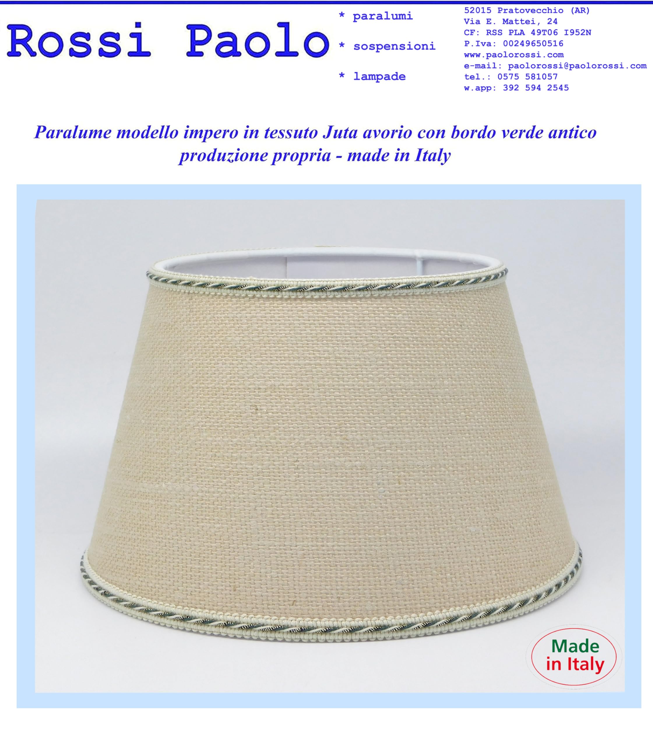 Paolo Rossi paralume coprilampada stile rustico in tessuto tipo Juta avorio rifinitura verde antico - produzione propria - made in Italy (modello impero, diametro 50)