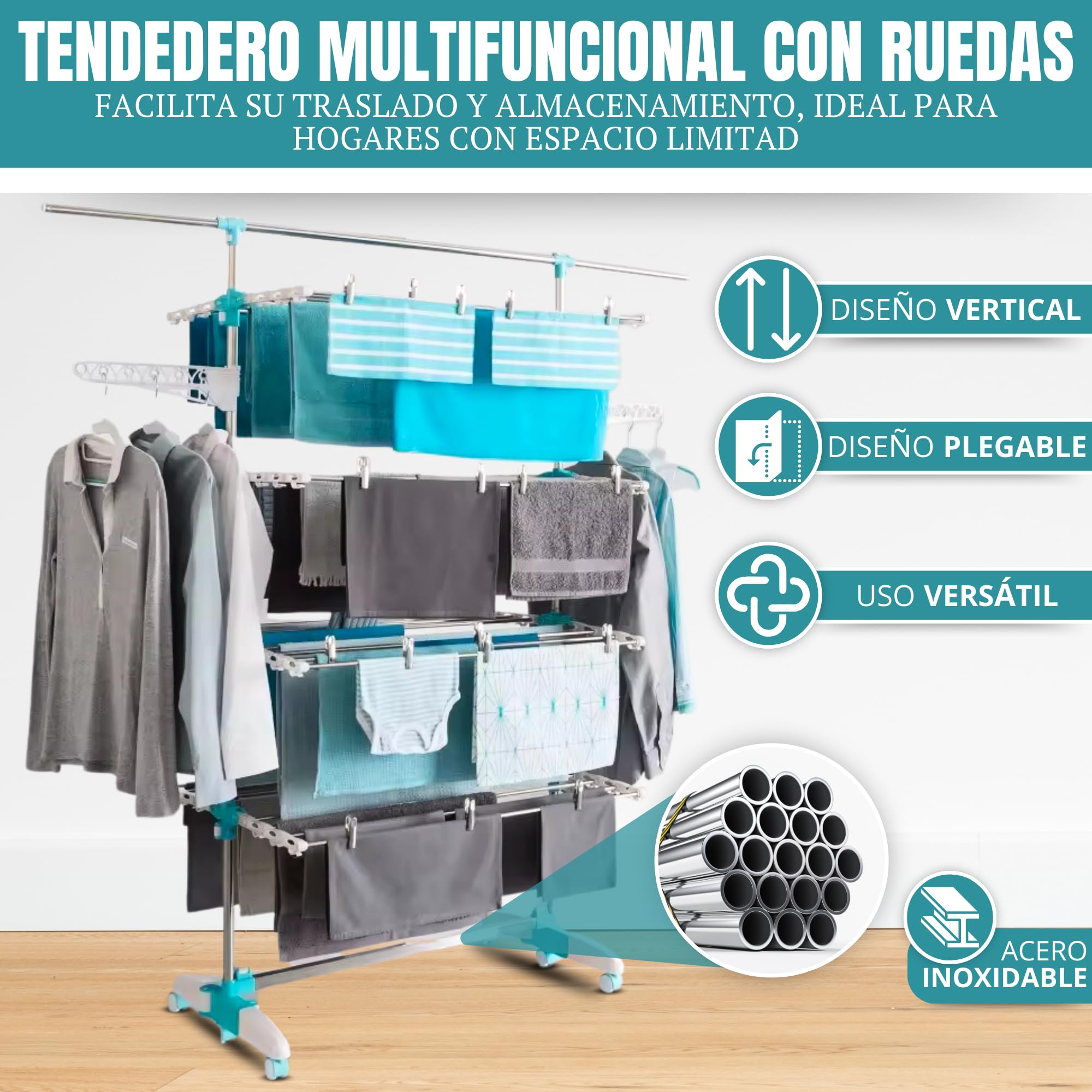 UMAA Tendedero Vertical Plegable Tendedero de Ropa con 6 Ruedas 2 Laterales Abatibles Estantes Ajustables y Marco de Acero Inoxidable para Interior y Exterior Blanco (167 X 67 X 165 CM)