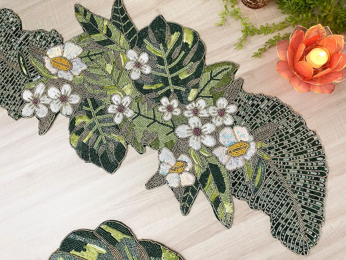 Enliven Chemin de table fait à la main, motif fleurs et feuilles printanières, 33 x 91,4 cm