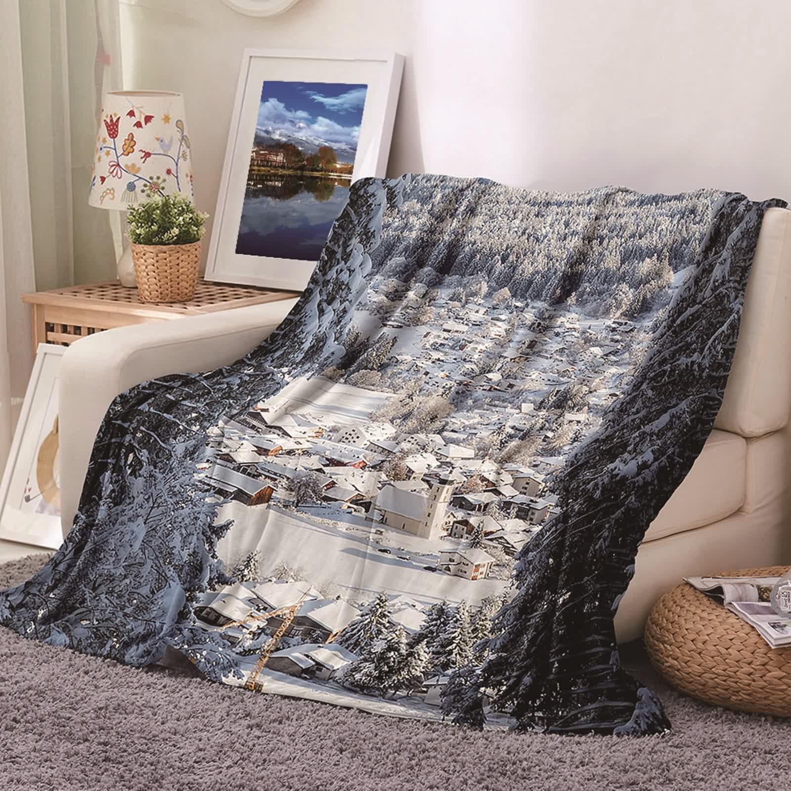 Couverture polaire flannel KnSam plaid douce et chaude jaune paysage enneigé pour des nuits cocooning