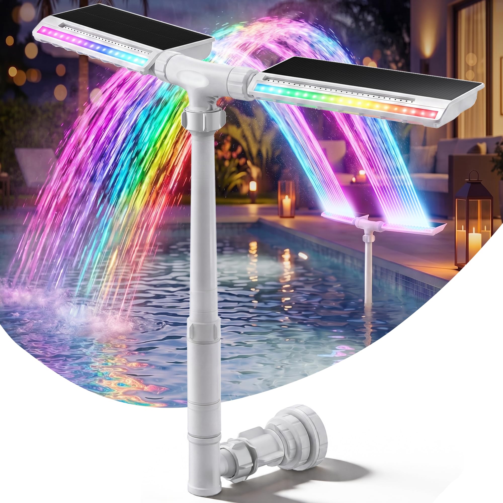 Photo 1 of 2026 Upgraded Solar Pool Fountain, Dual-Head Adjustable Spray, Extended 8000mah Battery, 10-Color 4-Mode LED Lights, Auto Dusk Sensor & Timer, Pool Fountains for Inground/Above Ground Pools