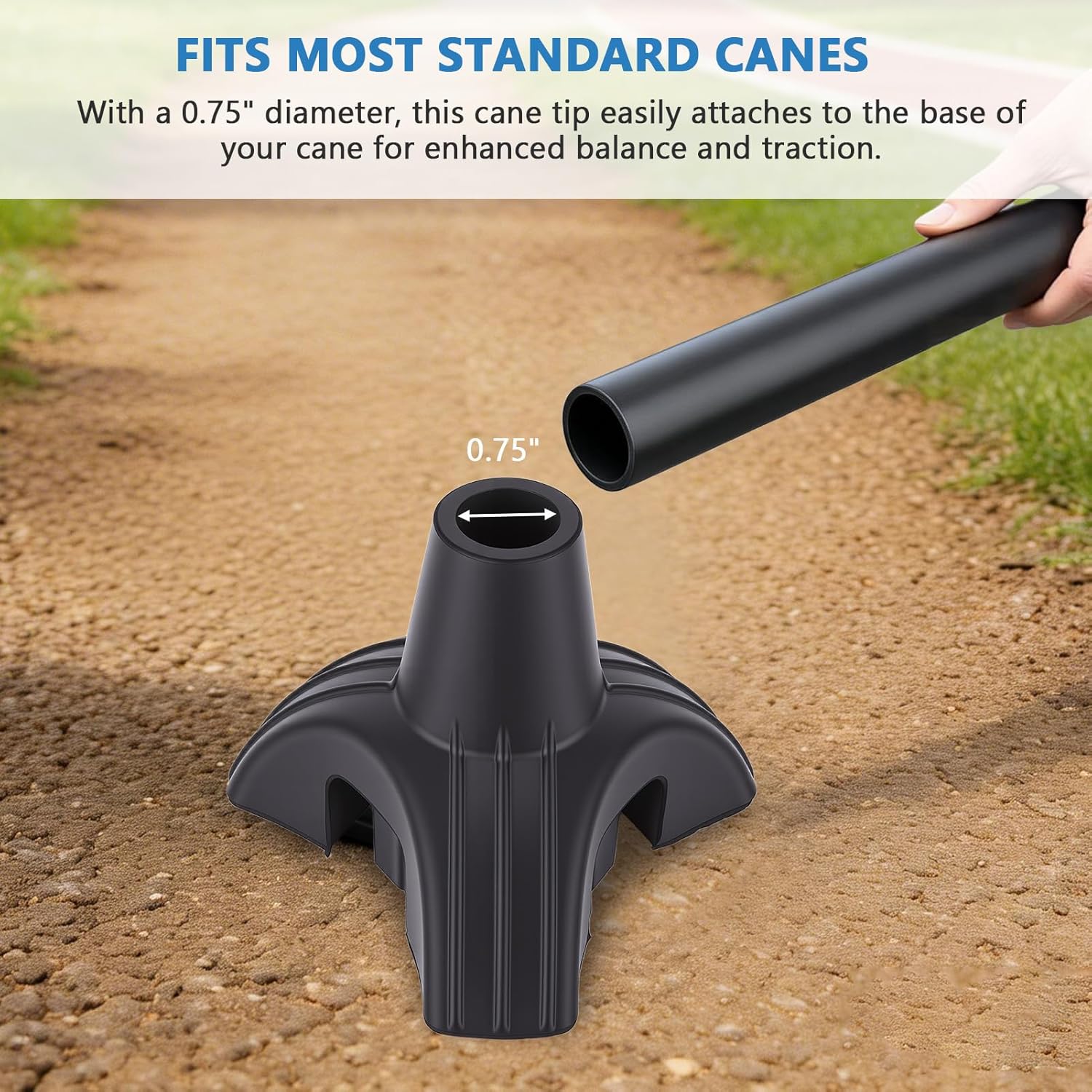 Cane Tip - Tripod Design Nonslip Rubber Replacement Foot Pad for Walking Canes - Stable Three Point, Self Standing Stand for Cane - Universal 3 Leg Attachment for Walking Stick (Black)