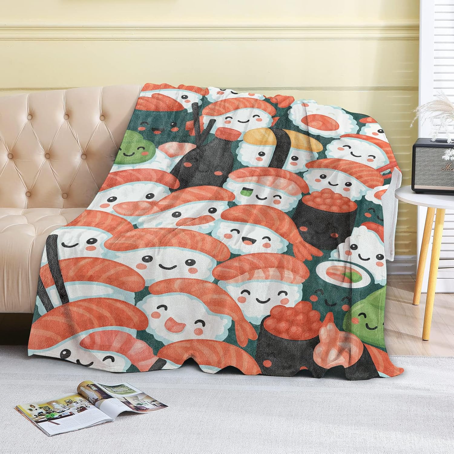 Cute Japanese Sushi Fleece Blanket,50x60in,Cartoon Kawaii Nigiri Roll Wasabi Soy Sauce Throw Blankets,Soft Cozy Lightweight, Ideal for Bed Living Room Home Decor,Food Fans Gifts