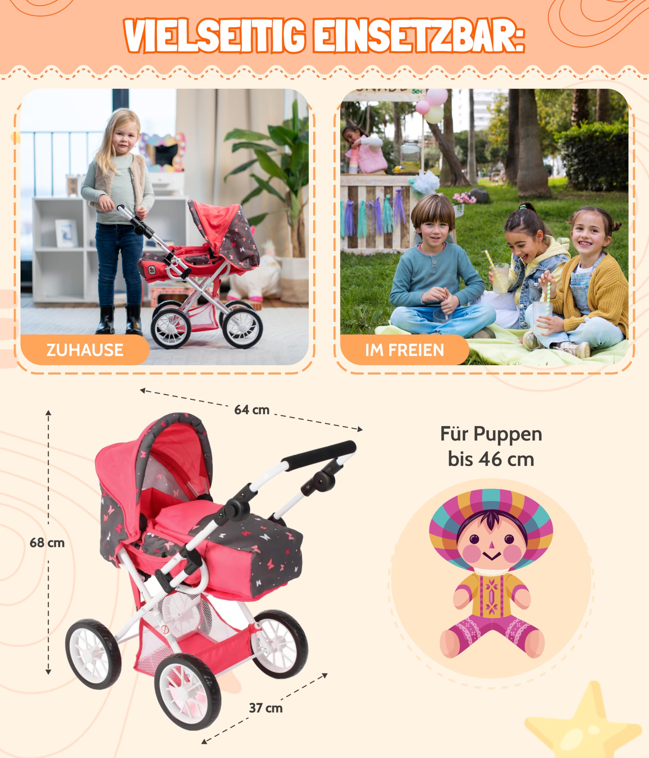 Bayer Chic 2000® Wózek dla lalek Leni kombi 3 w 1 – gwiazdka turkusowo-beżowa – składany, uchwyt z regulacją wysokości 43-67 cm, torba do przenoszenia – lalki do 46 cm, od 3 J.