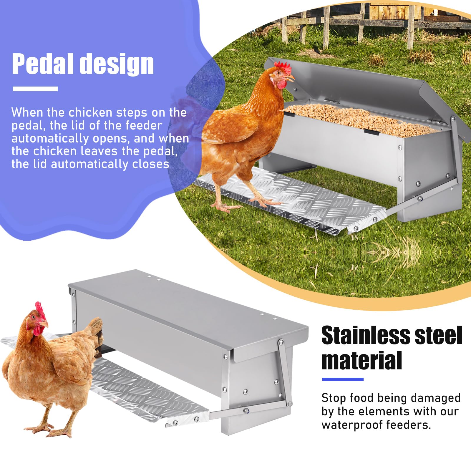Comedero automático para pollos, 5 kg, con pedal para aves de corral, cuchara de comida para aves de corral, sin residuos, acero inoxidable, apertura automática para pollos, patos, pavos