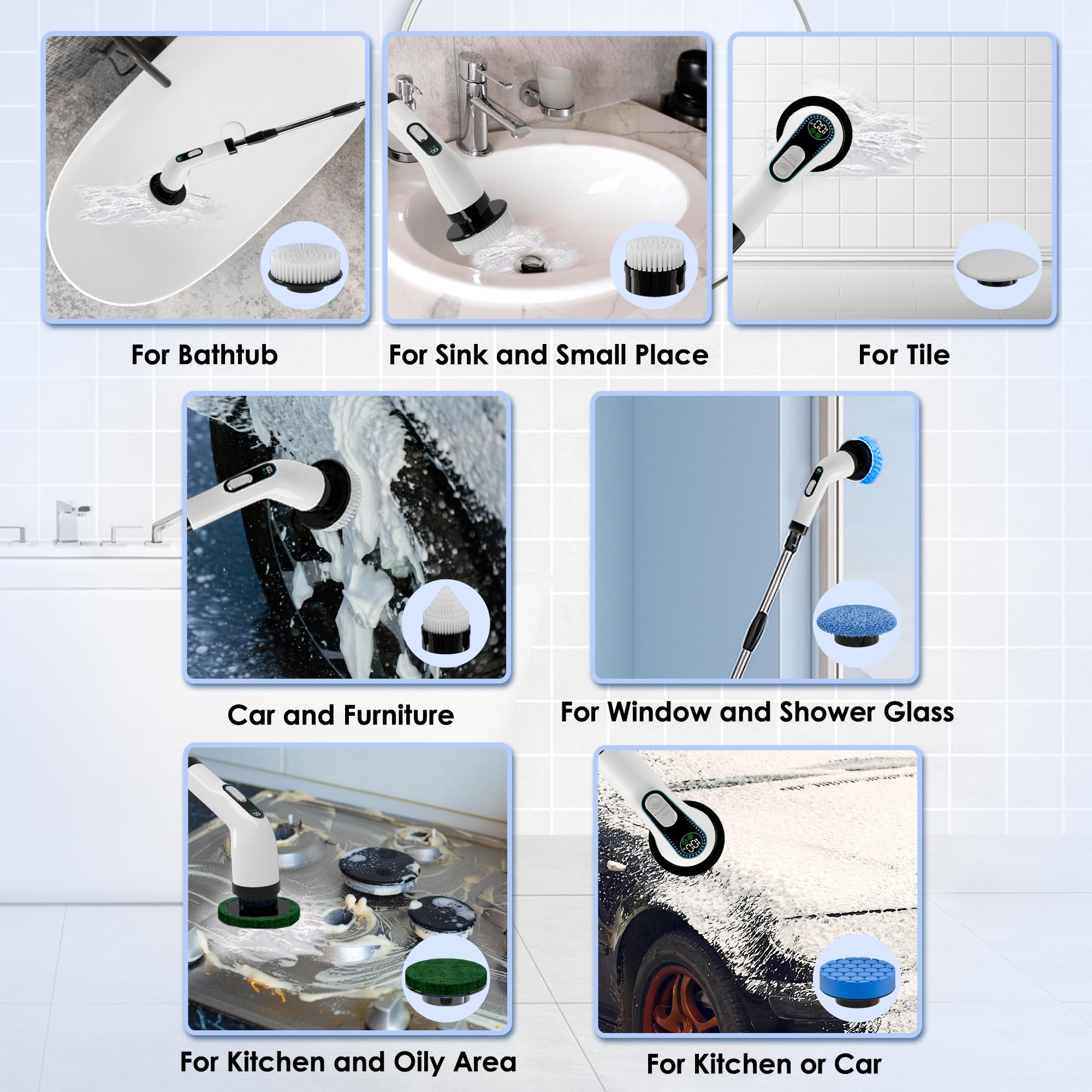 Limpiador giratorio eléctrico para limpieza, limpiador eléctrico inalámbrico con mango de extensión ajustable y 7 cabezales de cepillo reemplazables, IPX7 impermeable, para baño, ducha, bañera