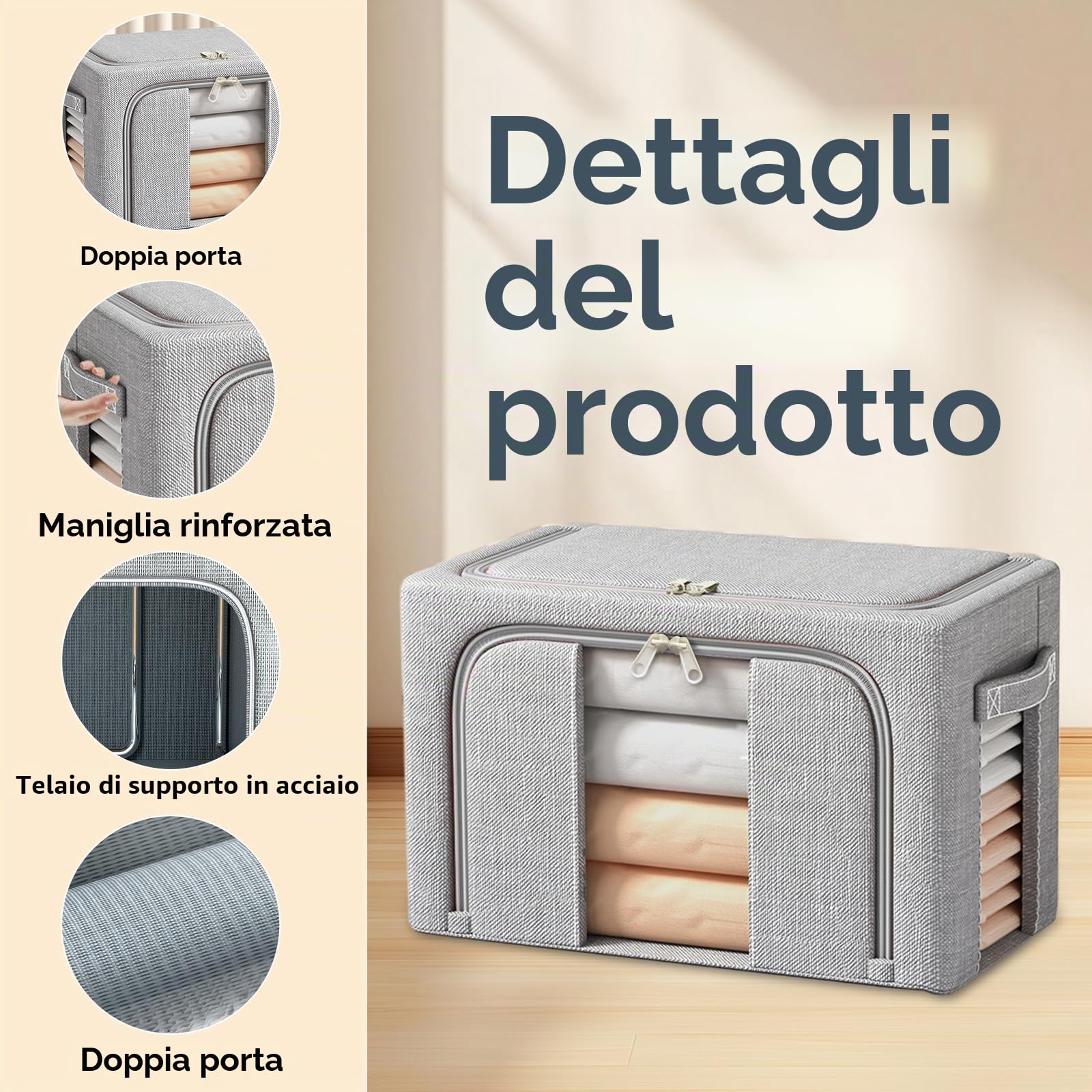 3 Pezzi Scatole per Armadio, 24 L Organizzatore Armadio con Struttura in Metallo Pieghevole, Scatole Armadio Impilabil con Cerniera per Vestiti, Coperte, Piumoni-3x24L