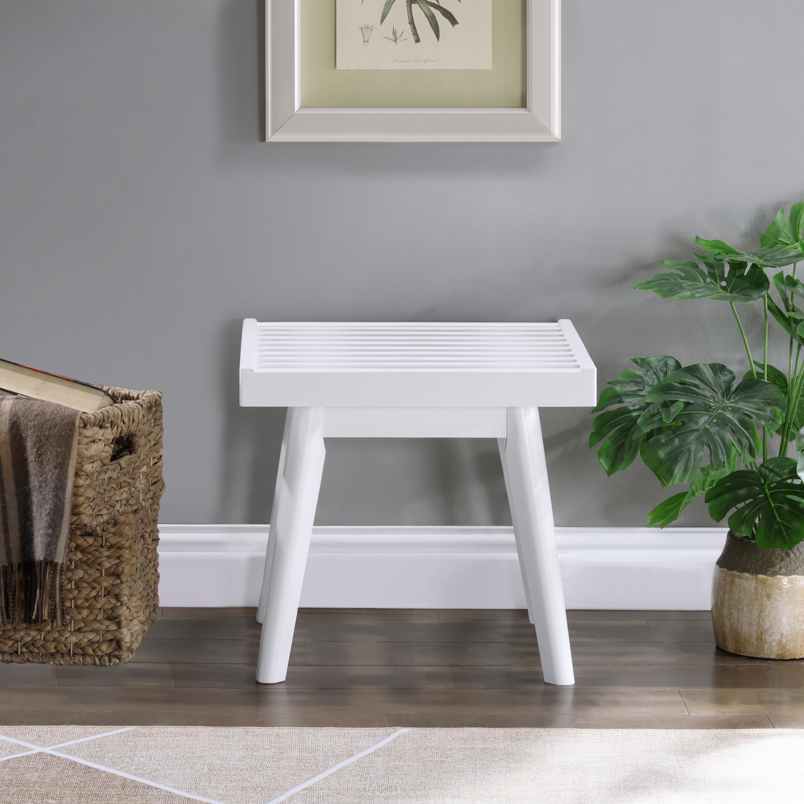 Roundhill Furniture Larwich Solid Wood Slatted Bench, 19-Inch Long, White