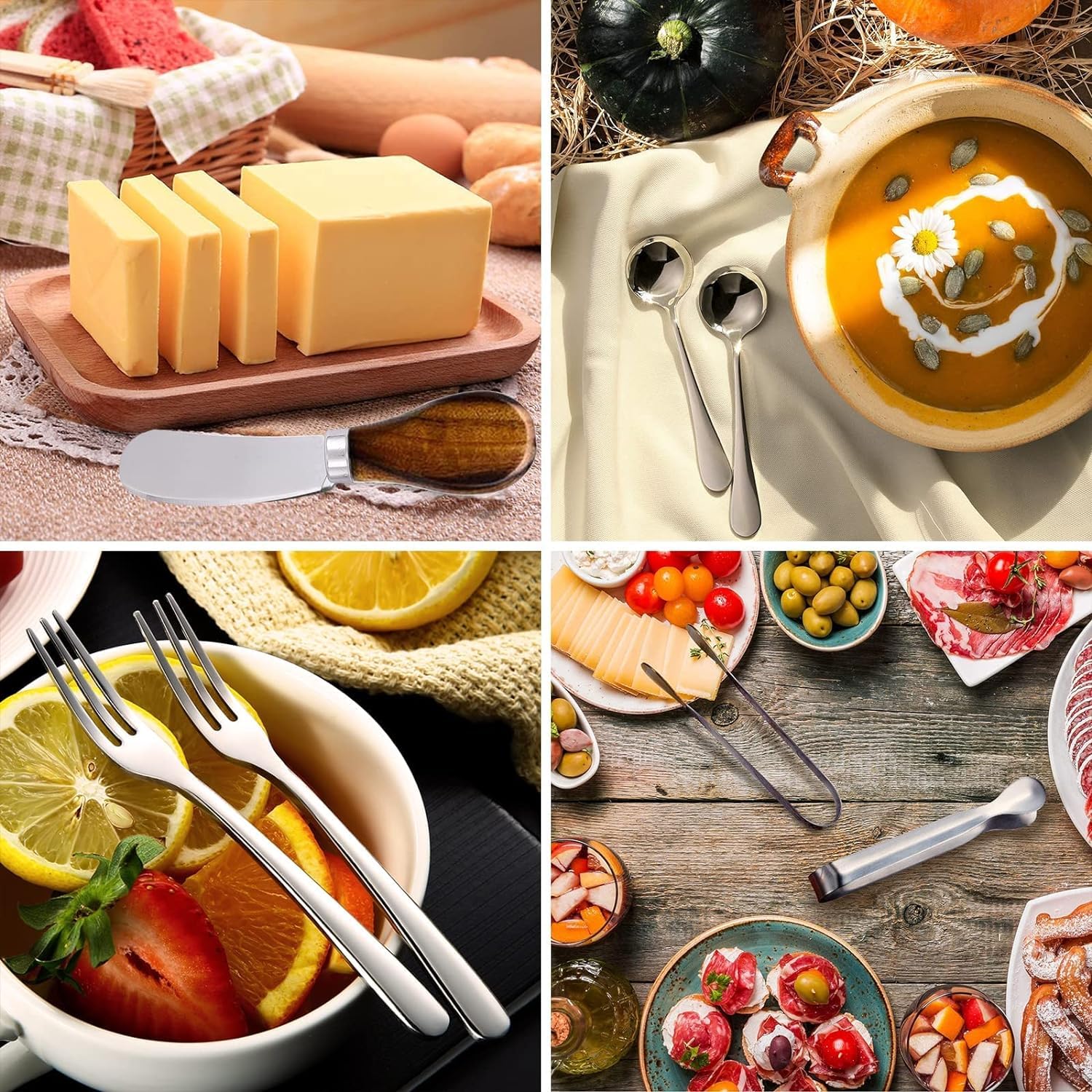 Juego de 14 cuchillos esparcidores de mantequilla de queso, de acero inoxidable, cuchillo de mantequilla con mango de madera, mini pinzas para servir, cuchara y tenedor para queso, mermelada
