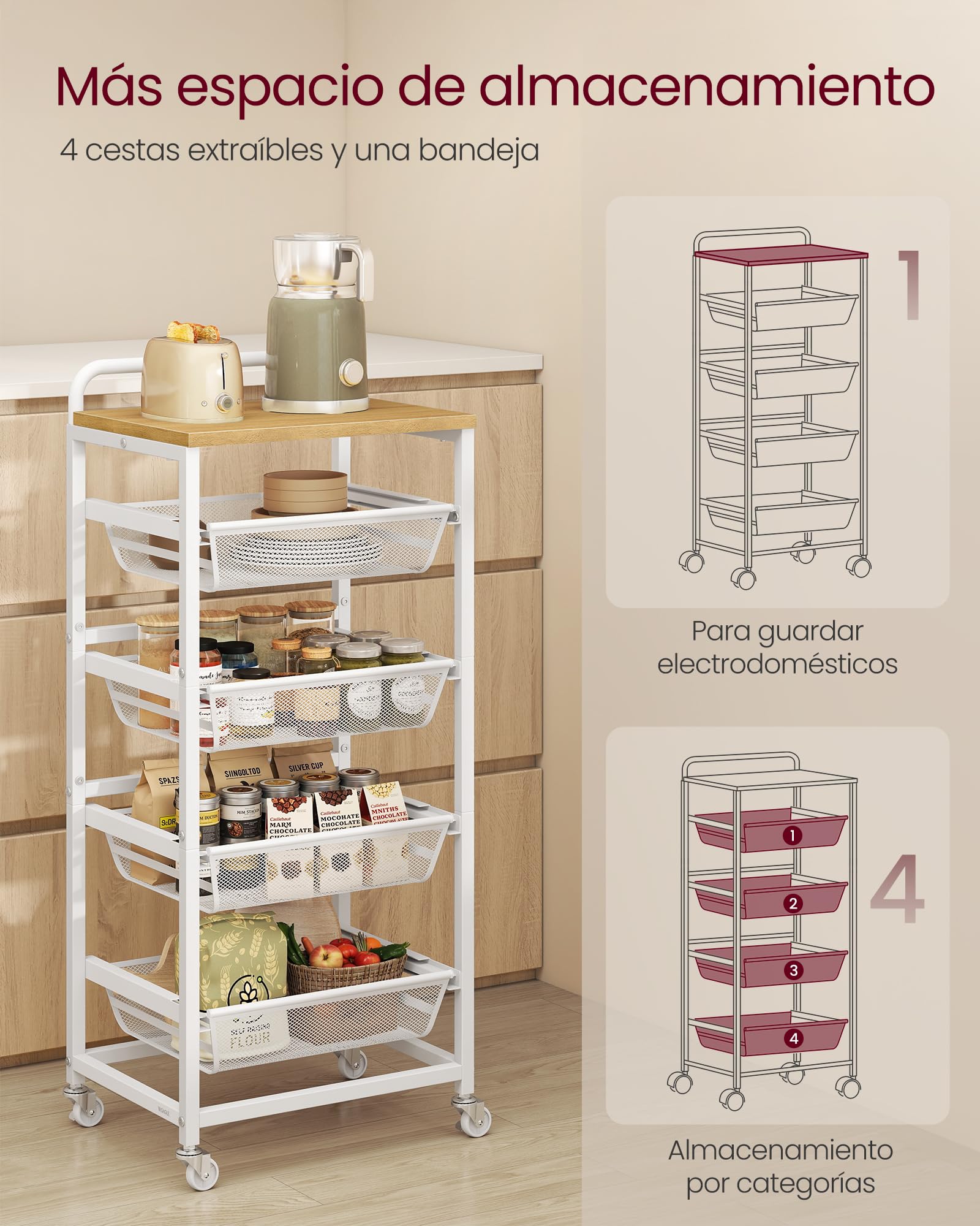 VASAGLE Carrito de Almacenaje de 5 Niveles, con Cestas Extraíbles, Estante de Cocina con Ruedas y Asa, 31,7 x 40 x 95 cm, Roble Dorado y Blanco Mate LRC041YA01