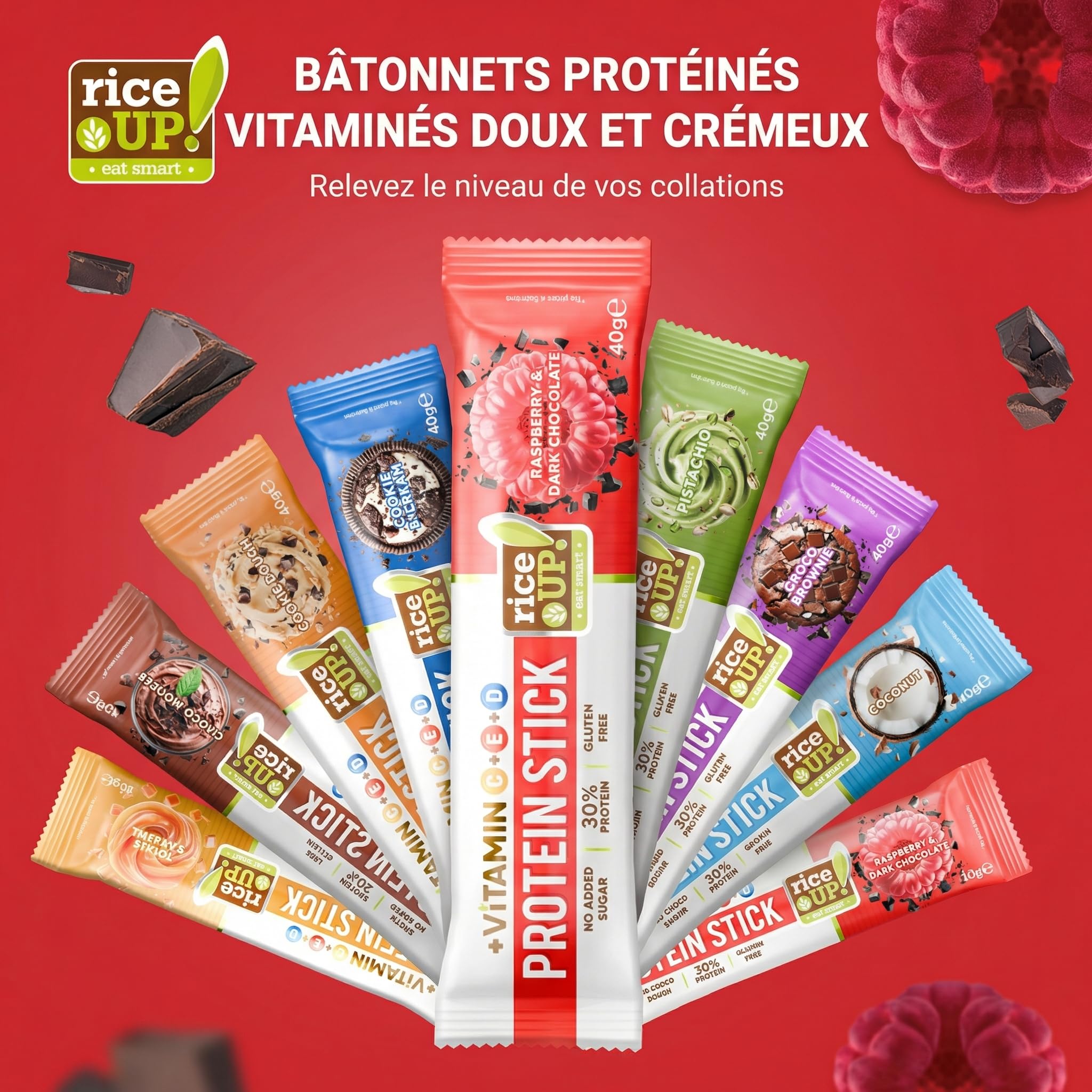 RiceUP! Barre Protéinée Framboise 30% – Barre Protéine Sans Sucre Ajouté, Sans Gluten & Sans Huile de Palme – Snack Protéiné Fitness & Nutrition Sportive – 15 x 40 g
