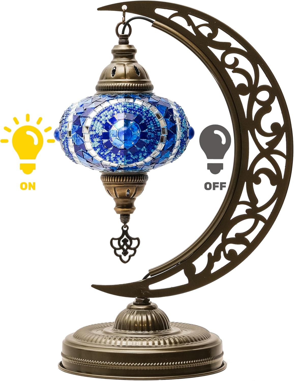 Mozaist Turkish Lamp, Unique Lamps, Moon Shaped Mosaic Table Lamp, Moroccan Handmade Antique Bohemian Vintage Lamp Shade, Tiffany Desk Bedside Stained Glass Lamp with US Plug and E12 Socket