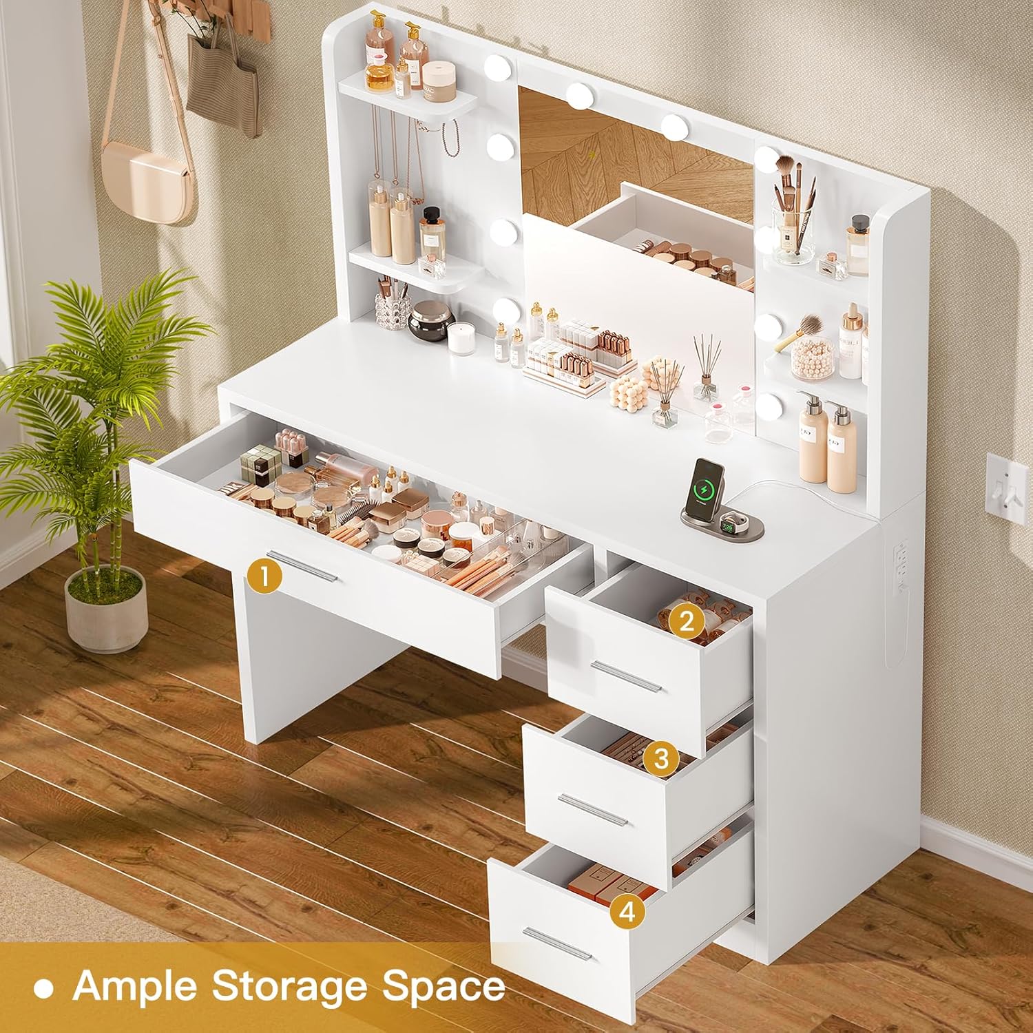 Vanity Desk with Mirror and Lights, Makeup Vanity with Power Outlet and 4 Drawers & 6 Shelves & 5 Hooks, 3 Color Modes & Adjustable Brightness, White Vanity for Bedroom